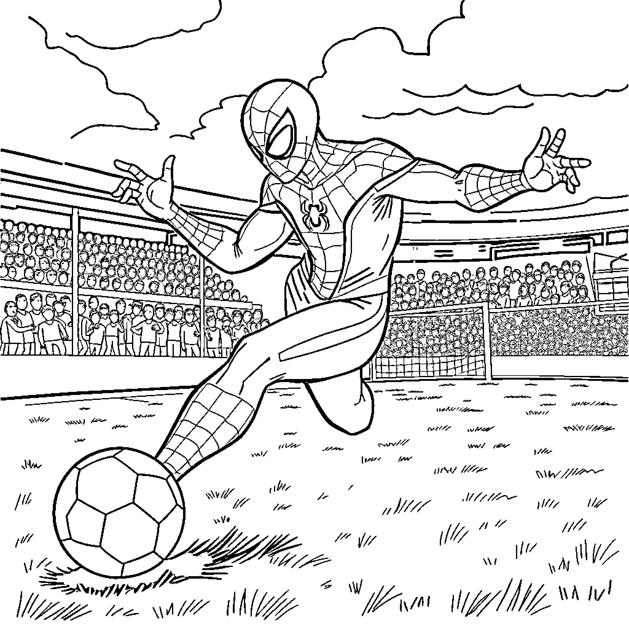Spidey kicks soccer ball in stadium Coloring Page (free black-and-white line drawing printable PDF for all, from beginners to advanced learners, including children, teens, adults, and seniors)