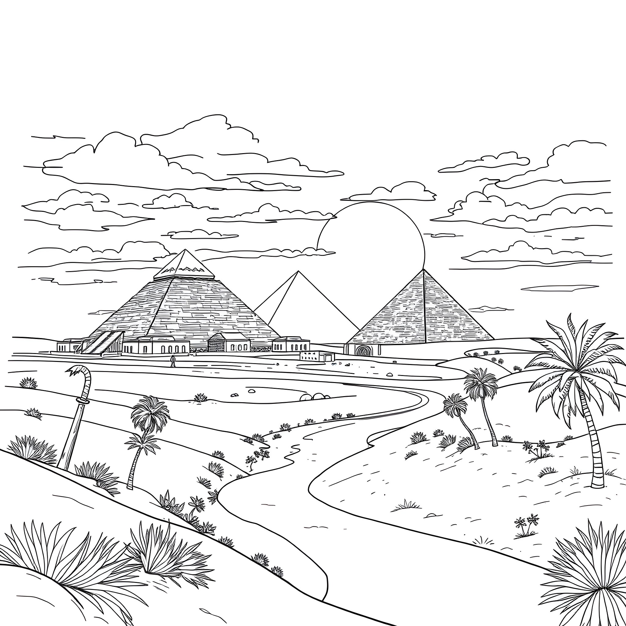 Egyptian Landscape with Pyramids and Palm Trees Coloring Page (free black-and-white line drawing printable PDF for all, from beginners to advanced learners, including children, teens, adults, and seniors)