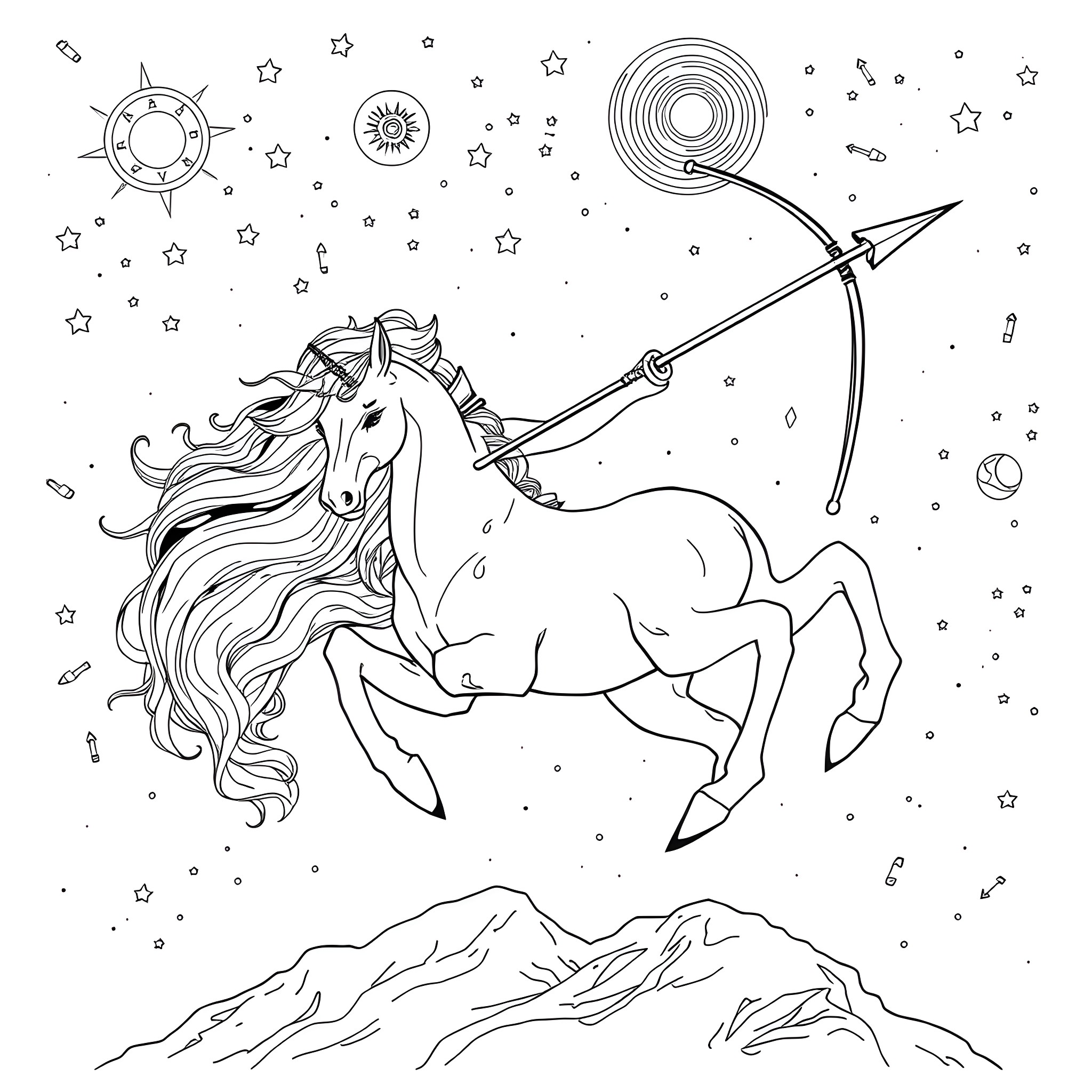 Sagittarius celestial constellation Coloring Page (free black-and-white line drawing printable PDF for all, from beginners to advanced learners, including children, teens, adults, and seniors)