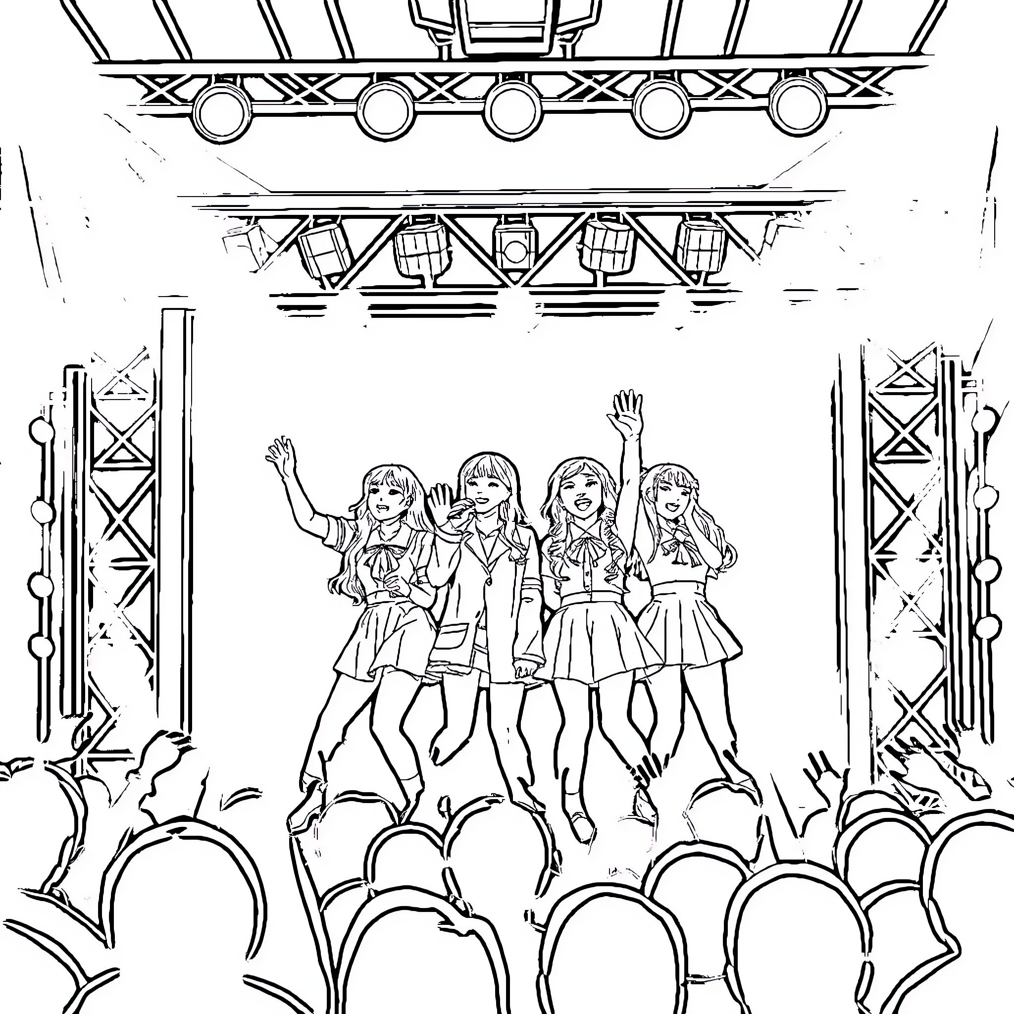 Twice Performing Joyfully on Stage Coloring Page (free black-and-white line drawing printable PDF for all, from beginners to advanced learners, including children, teens, adults, and seniors)