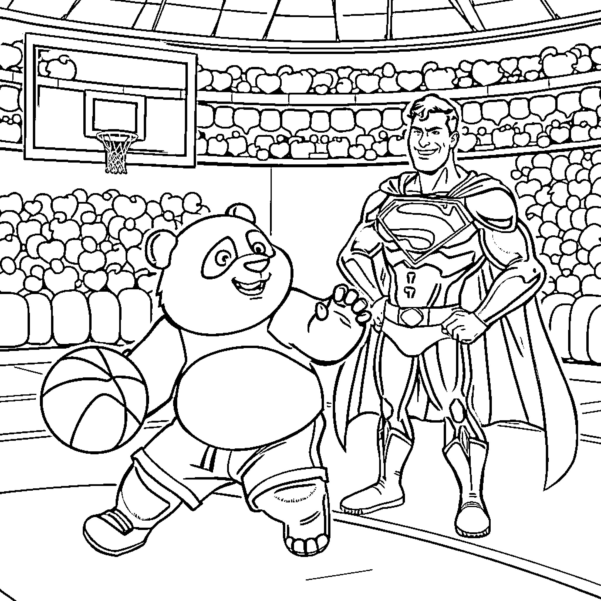 Kungfu Panda and Superhero Compete in Basketball Game Coloring Page (free black-and-white line drawing printable PDF for all, from beginners to advanced learners, including children, teens, adults, and seniors)