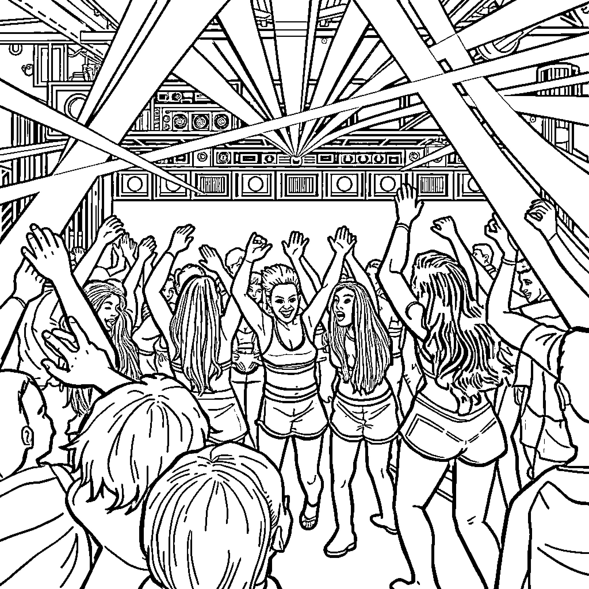 Rave with lively crowd celebrating and dancing Coloring Page (free black-and-white line drawing printable PDF for all, from beginners to advanced learners, including children, teens, adults, and seniors)
