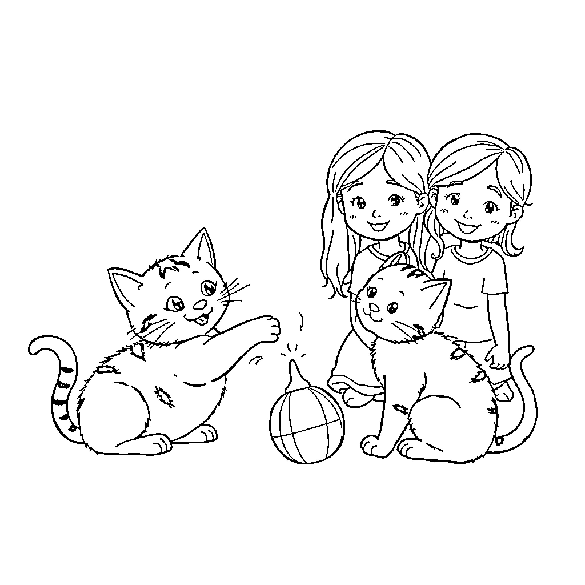 Cat and Friends Playing with Toys Coloring Page (free black-and-white line drawing printable PDF for all, from beginners to advanced learners, including children, teens, adults, and seniors)