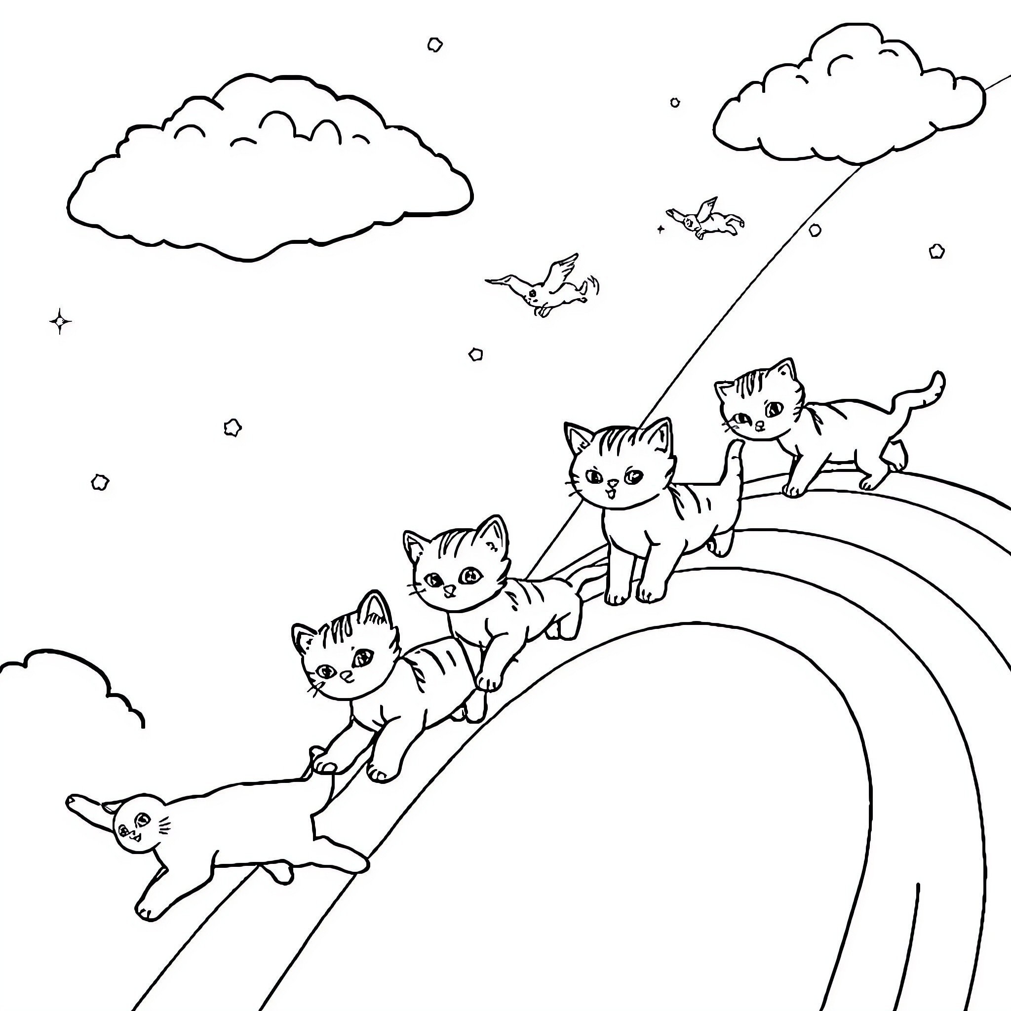 Kittens exploring rainbow and clouds Coloring Page (free black-and-white line drawing printable PDF for all, from beginners to advanced learners, including children, teens, adults, and seniors)