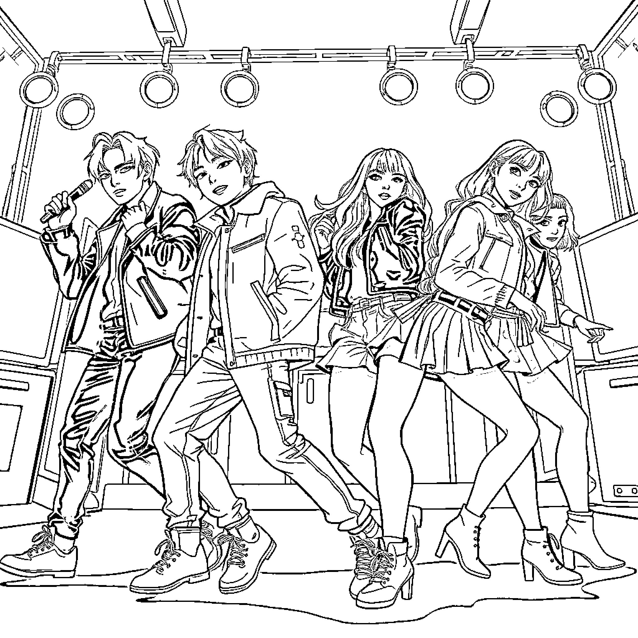 K Pop Group Performing on Stage Coloring Page (free black-and-white line drawing printable PDF for all, from beginners to advanced learners, including children, teens, adults, and seniors)