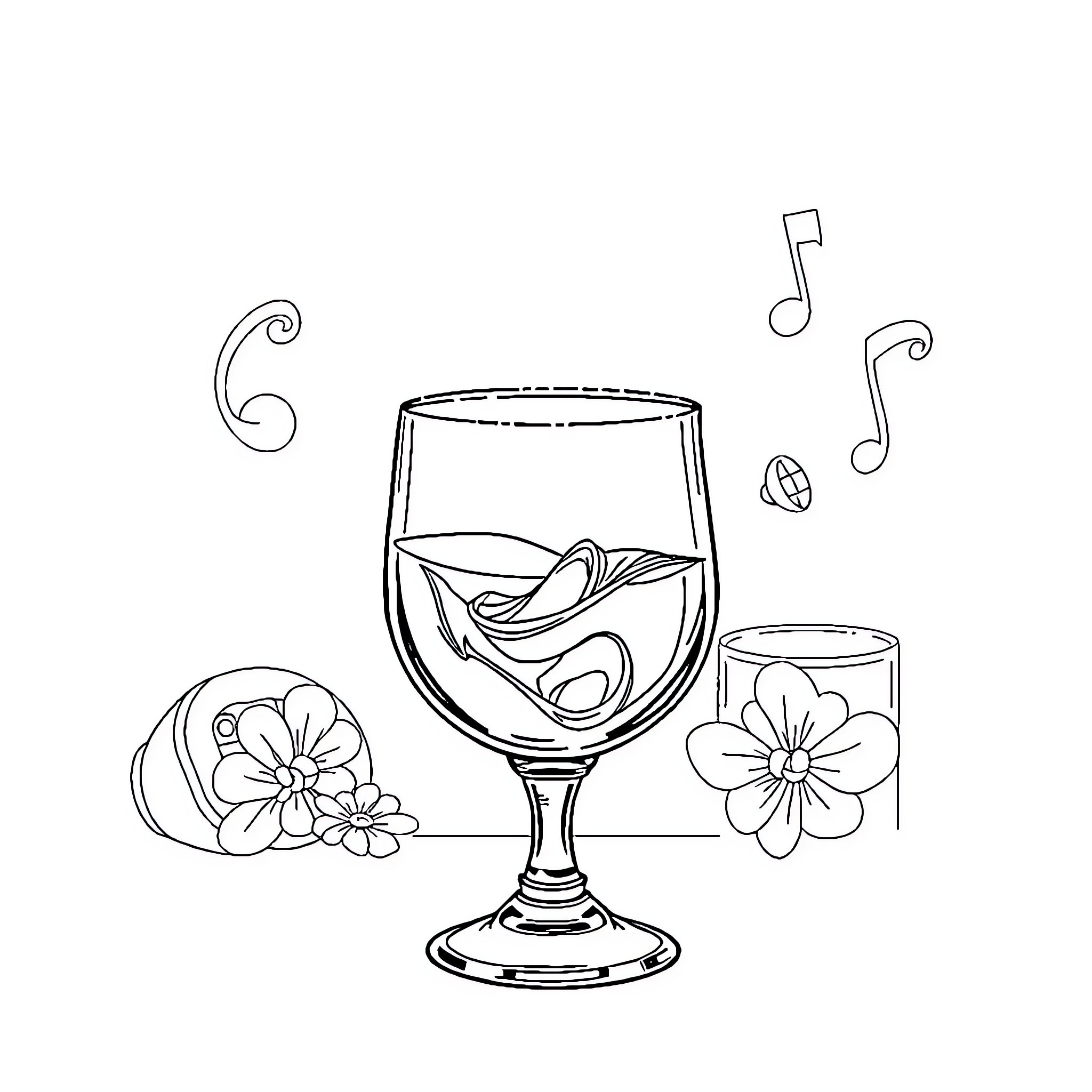 Whisky Enjoyed with Floral Melodies Coloring Page (free black-and-white line drawing printable PDF for all, from beginners to advanced learners, including children, teens, adults, and seniors)