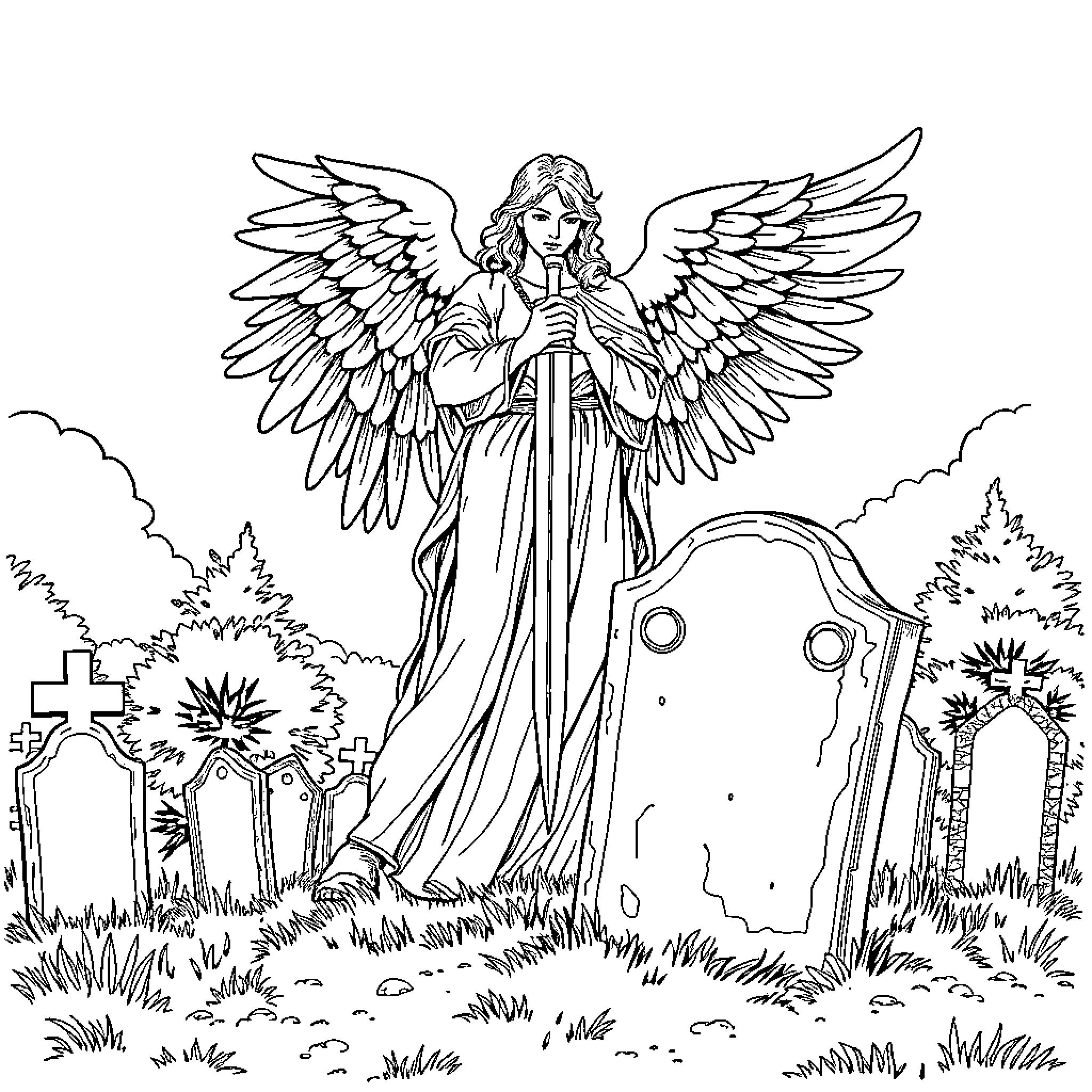 Angel Guarding a Graveyard with Flowing Robes Coloring Page (free black-and-white line drawing printable PDF for all, from beginners to advanced learners, including children, teens, adults, and seniors)