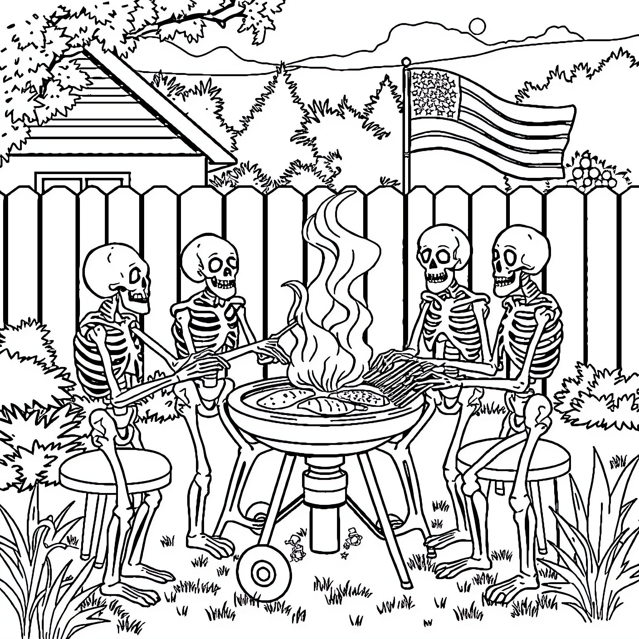 Skeleton Gathering for a Festive Barbecue Coloring Page (free black-and-white line drawing printable PDF for all, from beginners to advanced learners, including children, teens, adults, and seniors)