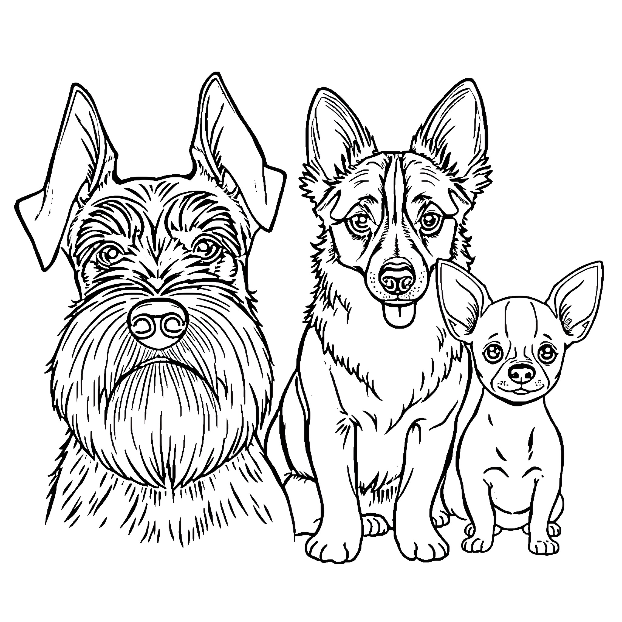 Dog Friends Enjoying Each Other's Company Coloring Page (free black-and-white line drawing printable PDF for all, from beginners to advanced learners, including children, teens, adults, and seniors)