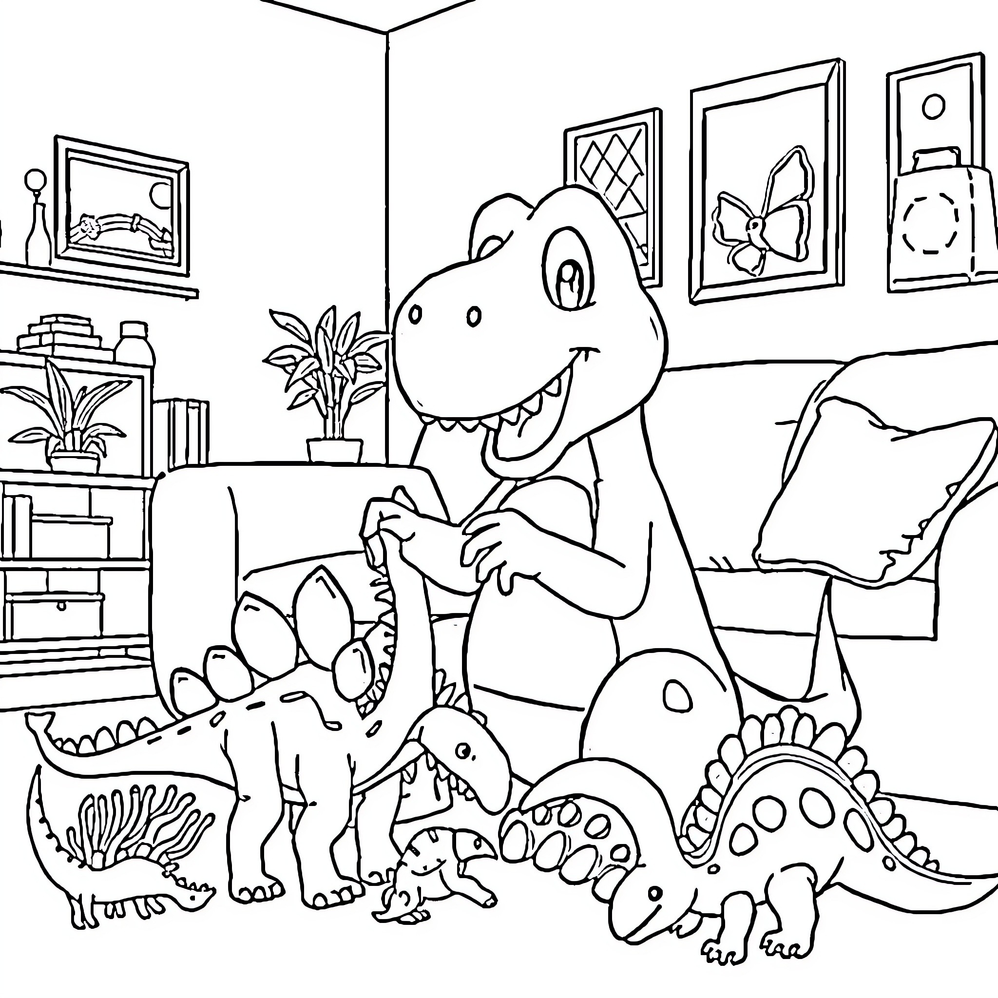 Bluey's Dinosaur Adventure in the Living Room Coloring Page (free black-and-white line drawing printable PDF for all, from beginners to advanced learners, including children, teens, adults, and seniors)