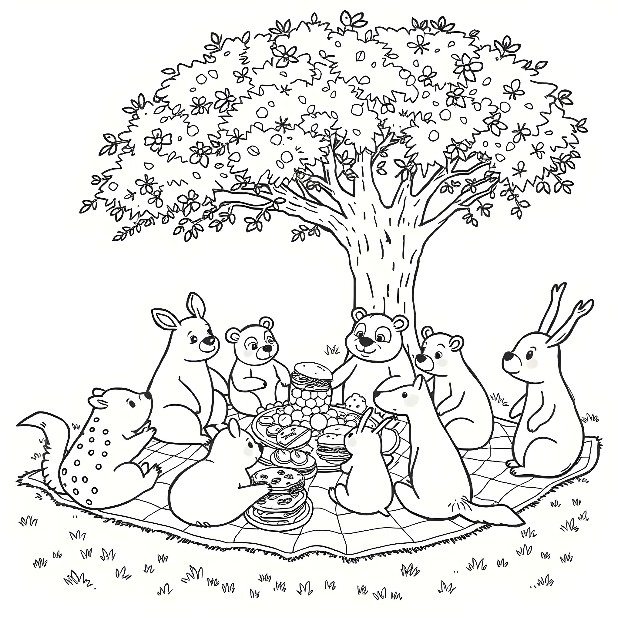 Animal friends having a picnic under a blossoming tree Coloring Page (free black-and-white line drawing printable PDF for all, from beginners to advanced learners, including children, teens, adults, and seniors)