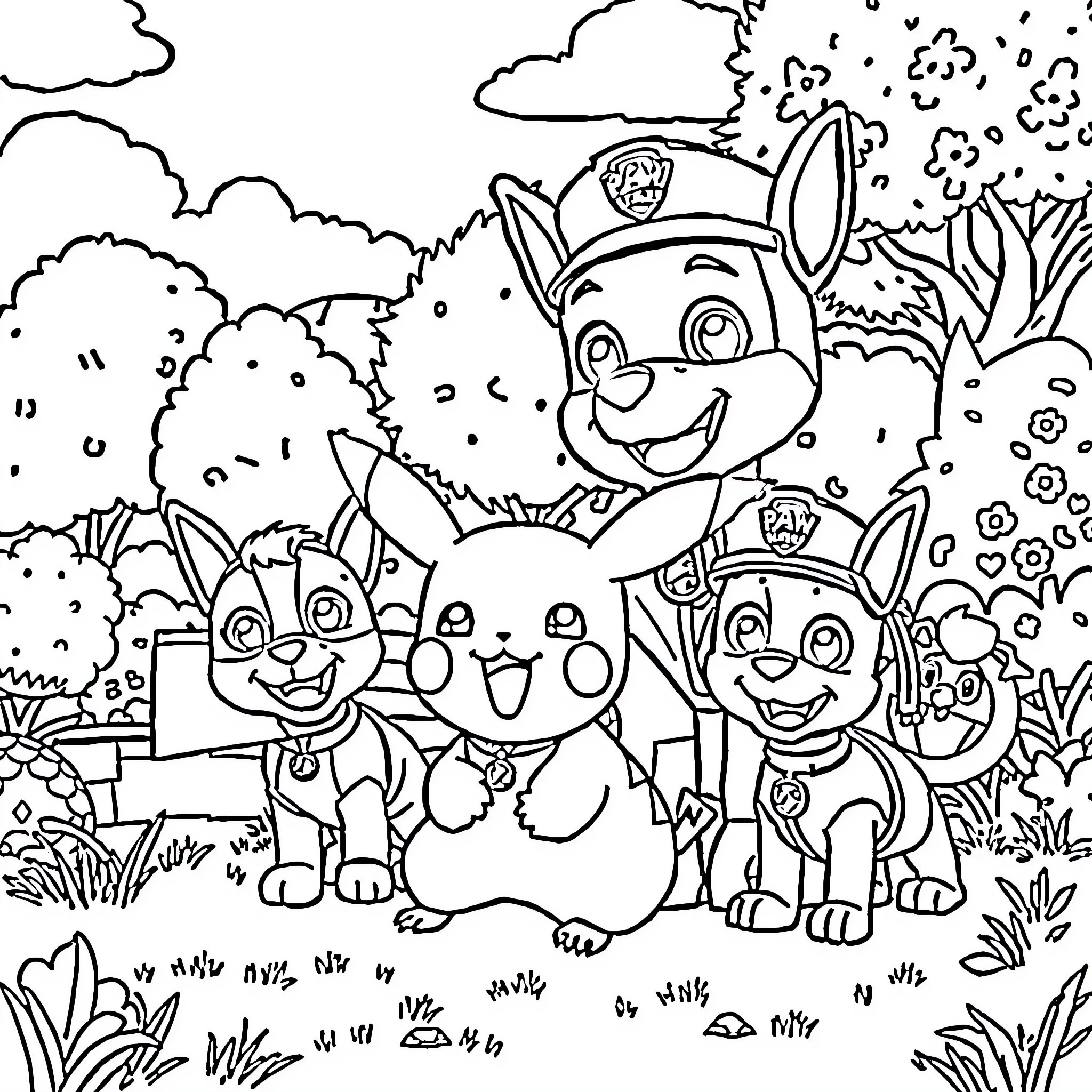 Pikachu and the Paw Patrol puppies playing in the forest Coloring Page (free black-and-white line drawing printable PDF for all, from beginners to advanced learners, including children, teens, adults, and seniors)