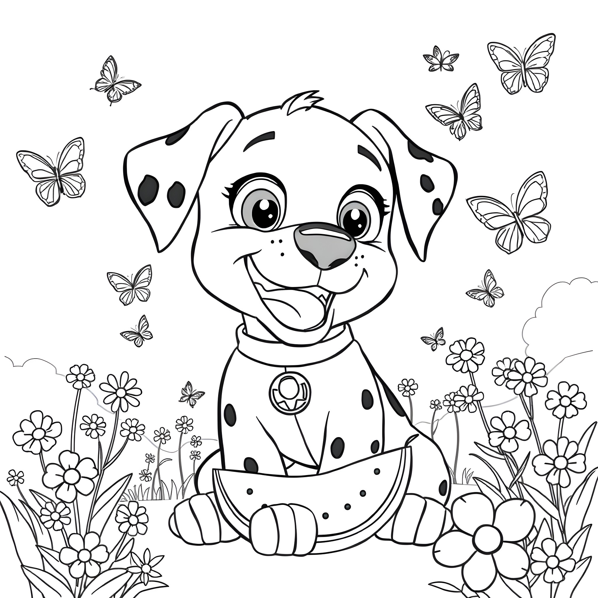 Marshall the Dalmatian puppy playing in the flower garden Coloring Page (free black-and-white line drawing printable PDF for all, from beginners to advanced learners, including children, teens, adults, and seniors)