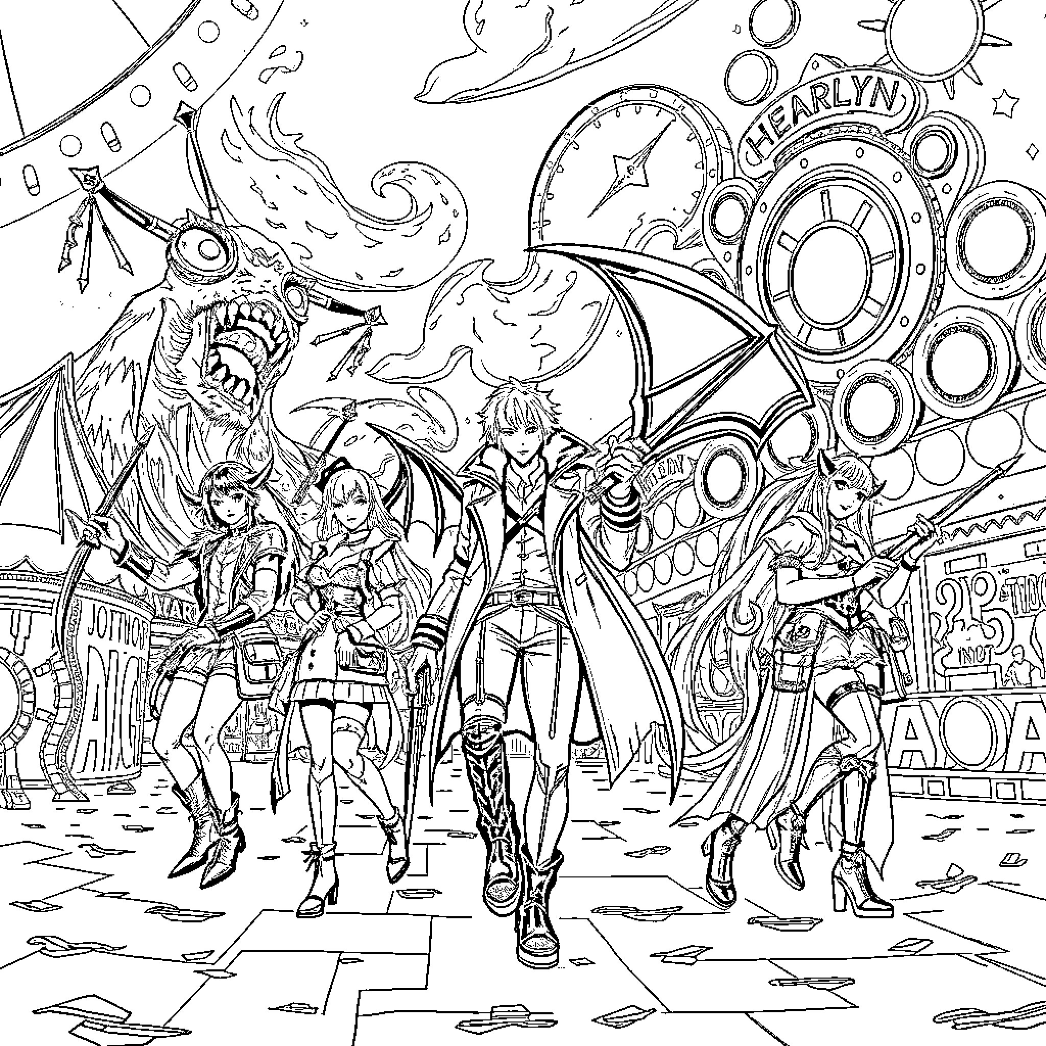 Kpop Demon Hunter: Warrior Squad Battles Otherworldly Foes Coloring Page (free black-and-white line drawing printable PDF for all, from beginners to advanced learners, including children, teens, adults, and seniors)