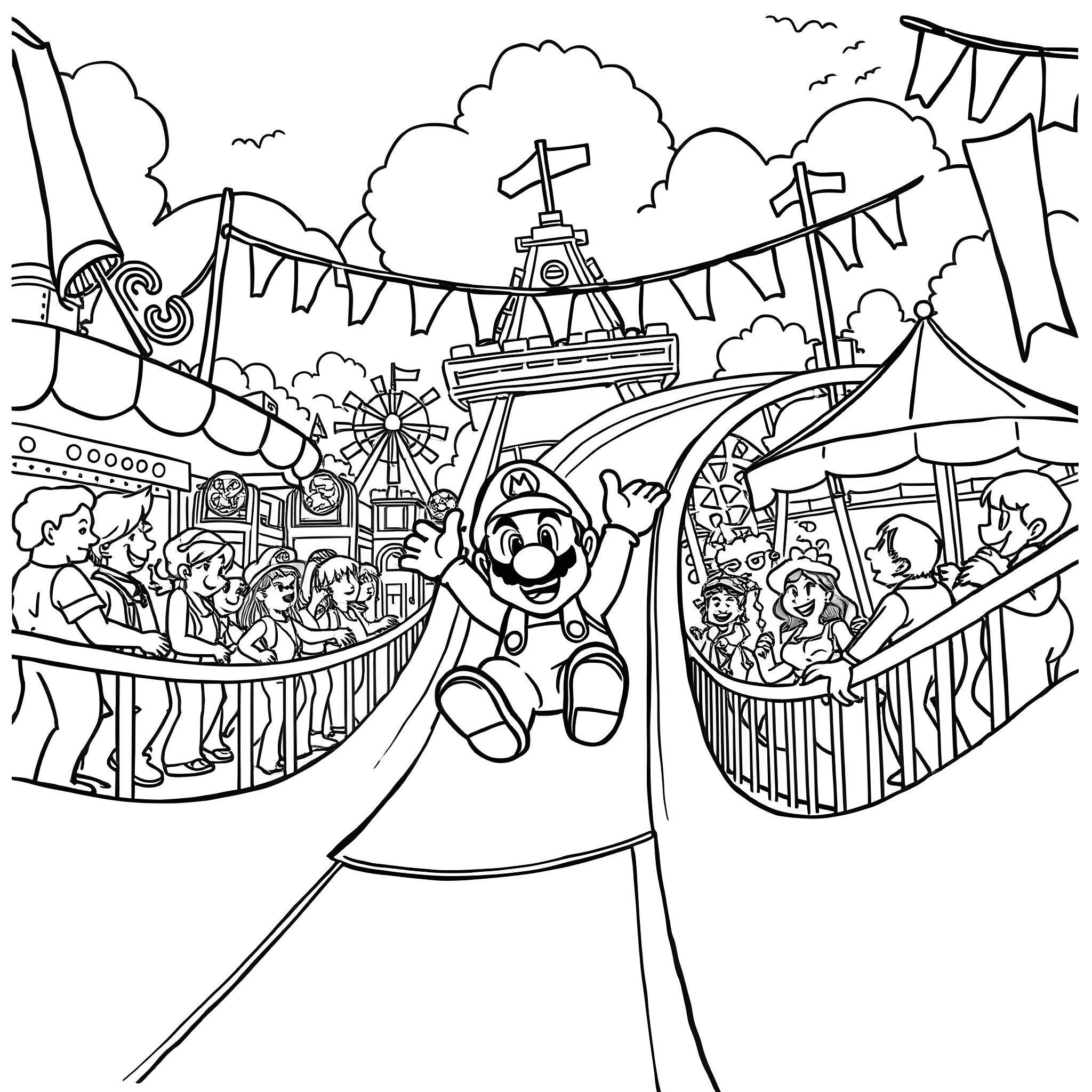 Mario enjoying the carnival rides and festivities Coloring Page (free black-and-white line drawing printable PDF for all, from beginners to advanced learners, including children, teens, adults, and seniors)