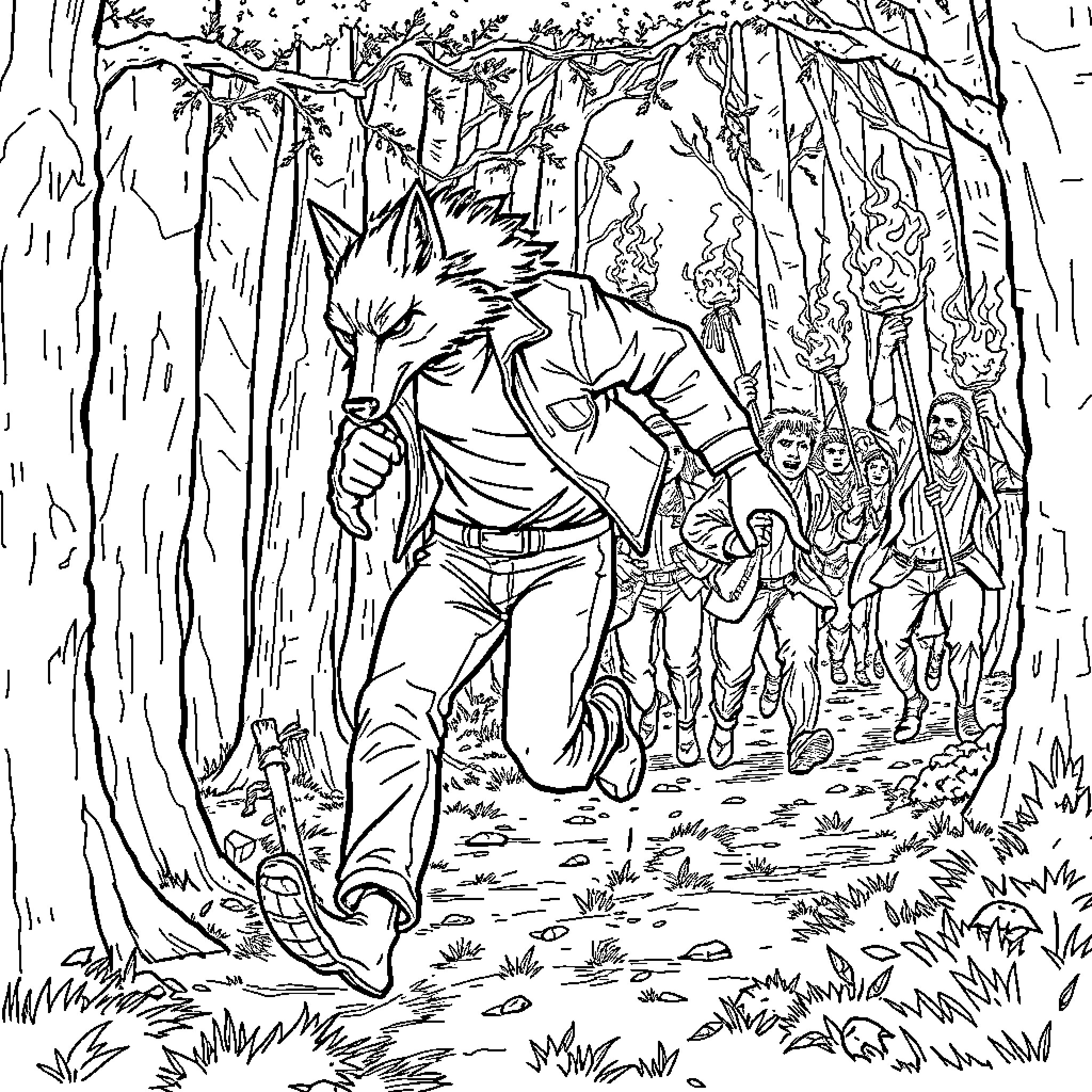 Wolf warrior leading a group through the forest Coloring Page (free black-and-white line drawing printable PDF for all, from beginners to advanced learners, including children, teens, adults, and seniors)
