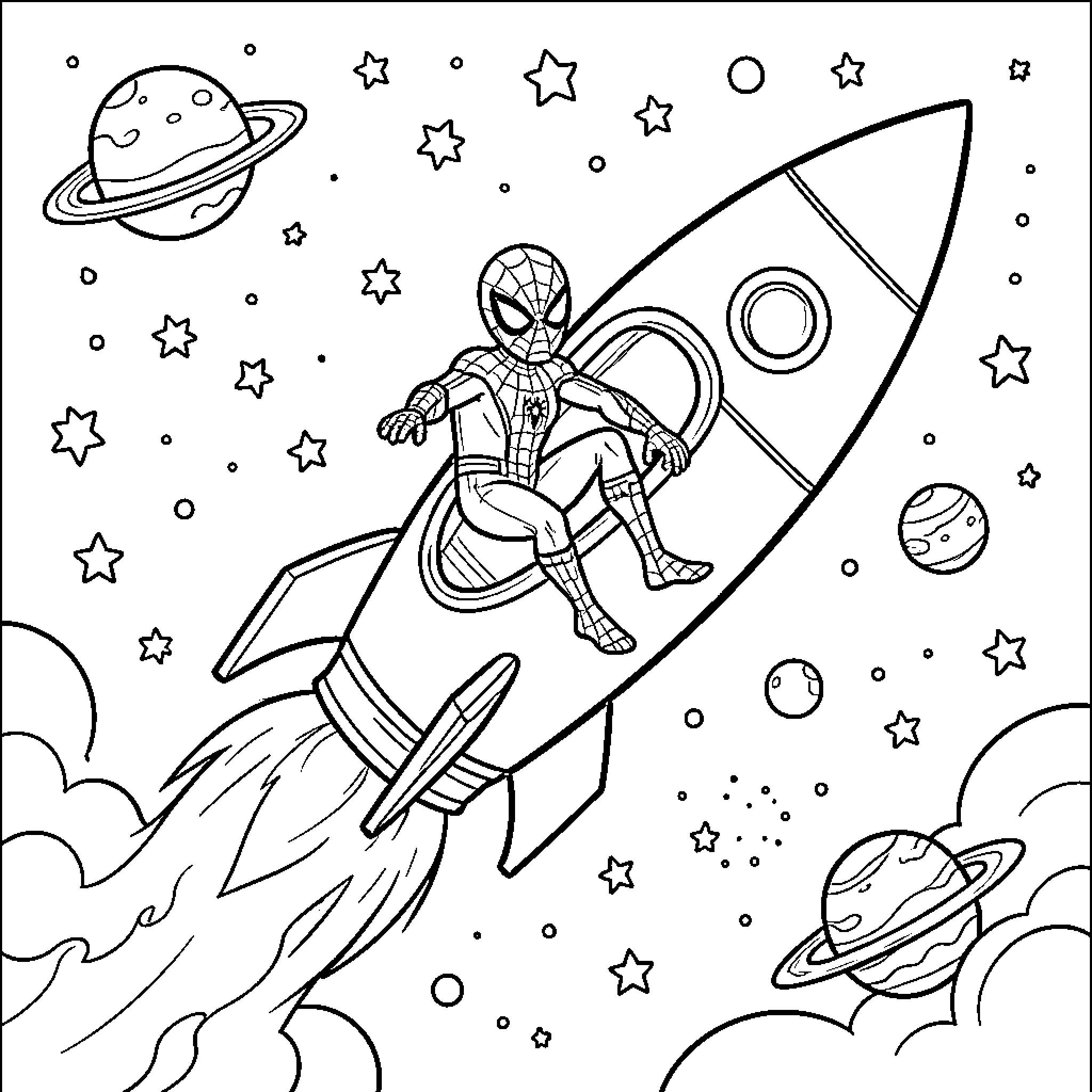 Spidey riding a rocket through outer space Coloring Page (free black-and-white line drawing printable PDF for all, from beginners to advanced learners, including children, teens, adults, and seniors)