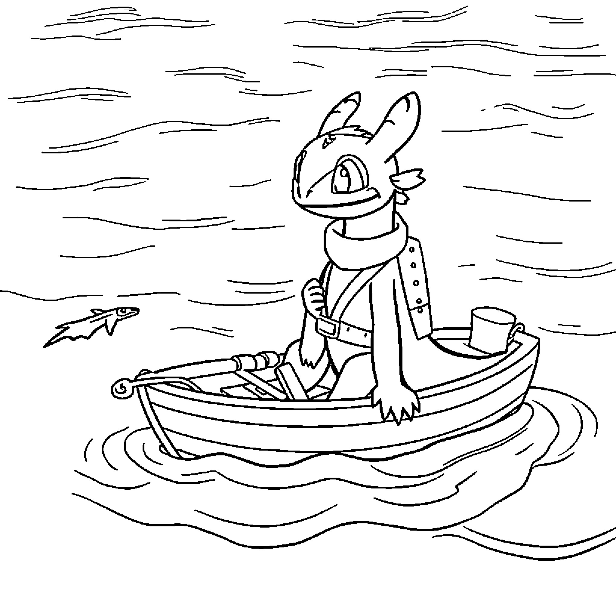Toothless fishing in his boat Coloring Page (free black-and-white line drawing printable PDF for all, from beginners to advanced learners, including children, teens, adults, and seniors)