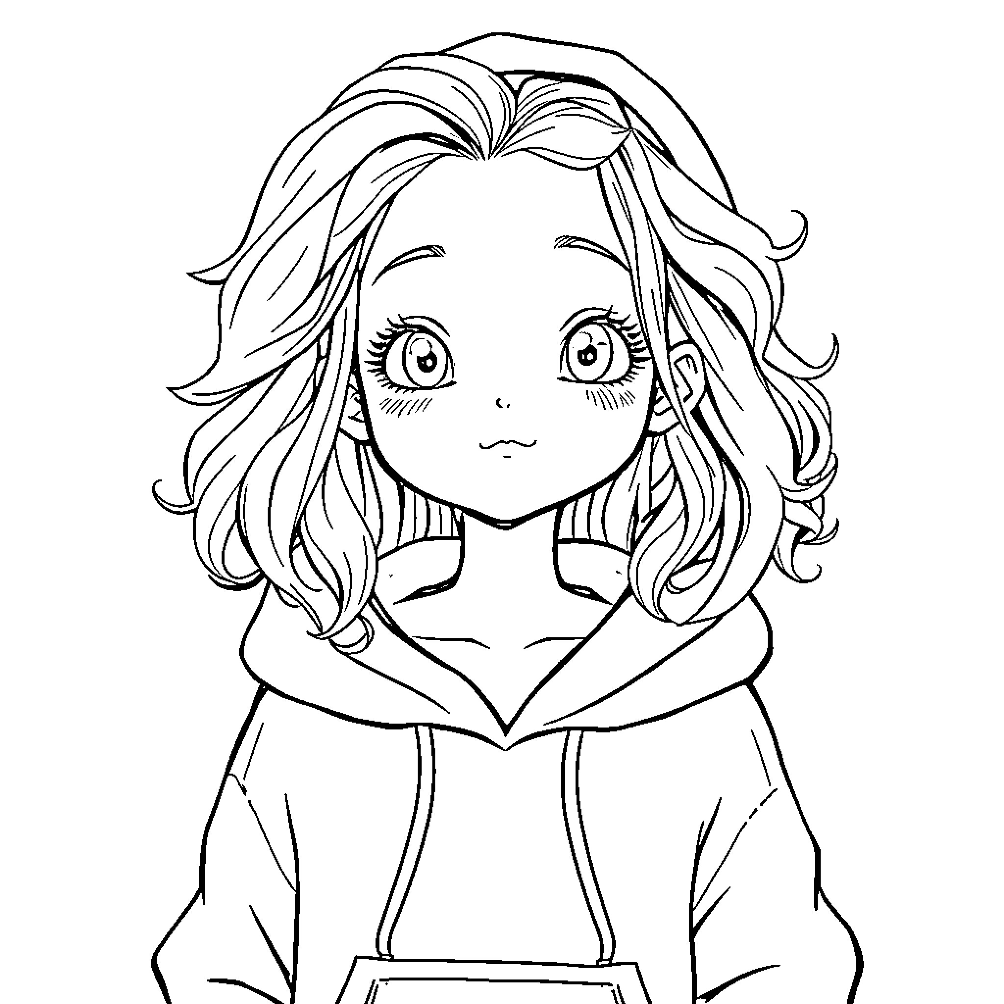 Girl with Expressive Anime-Style Features Coloring Page (free black-and-white line drawing printable PDF for all, from beginners to advanced learners, including children, teens, adults, and seniors)