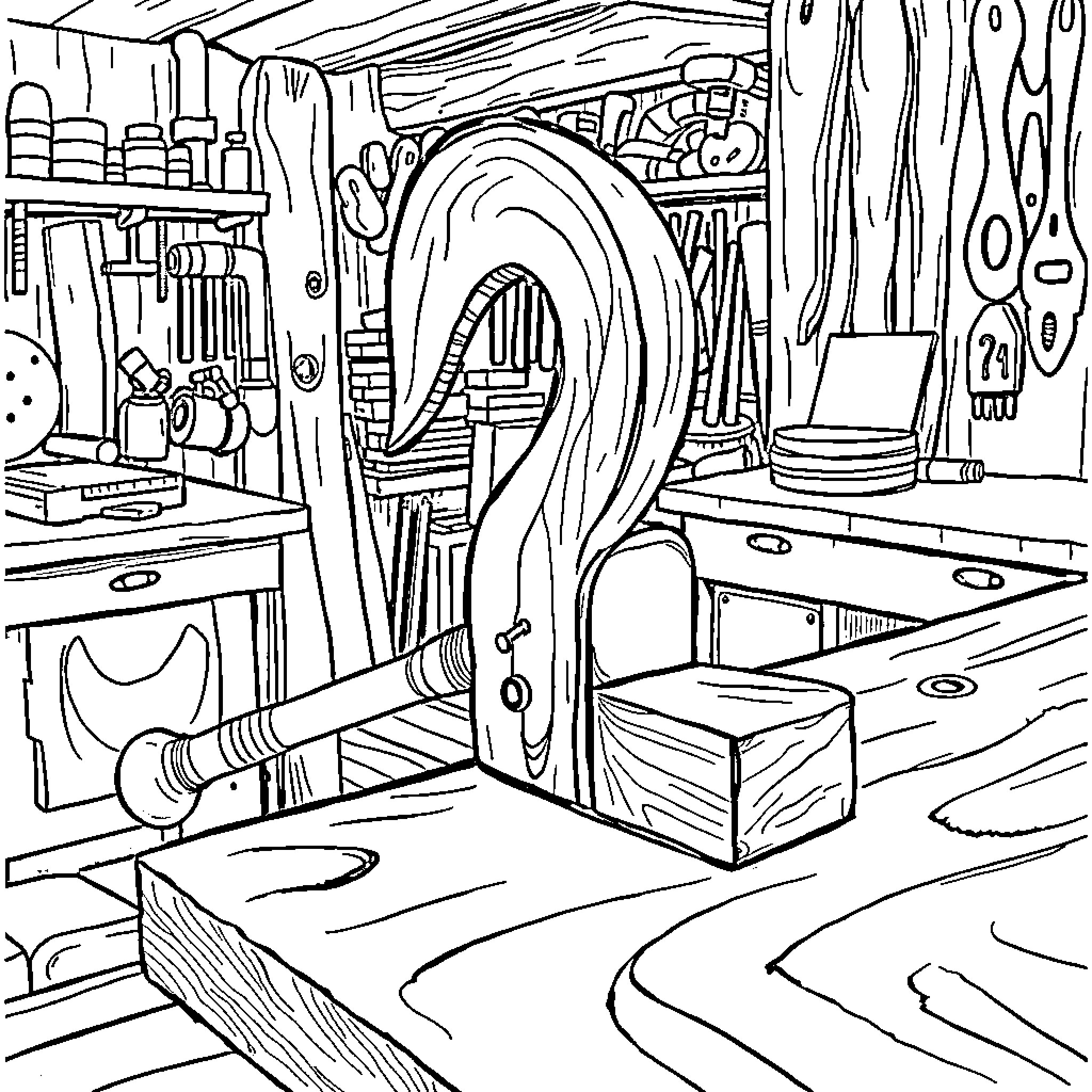 Bench Hook and Woodworking Tools in Workshop Coloring Page (free black-and-white line drawing printable PDF for all, from beginners to advanced learners, including children, teens, adults, and seniors)