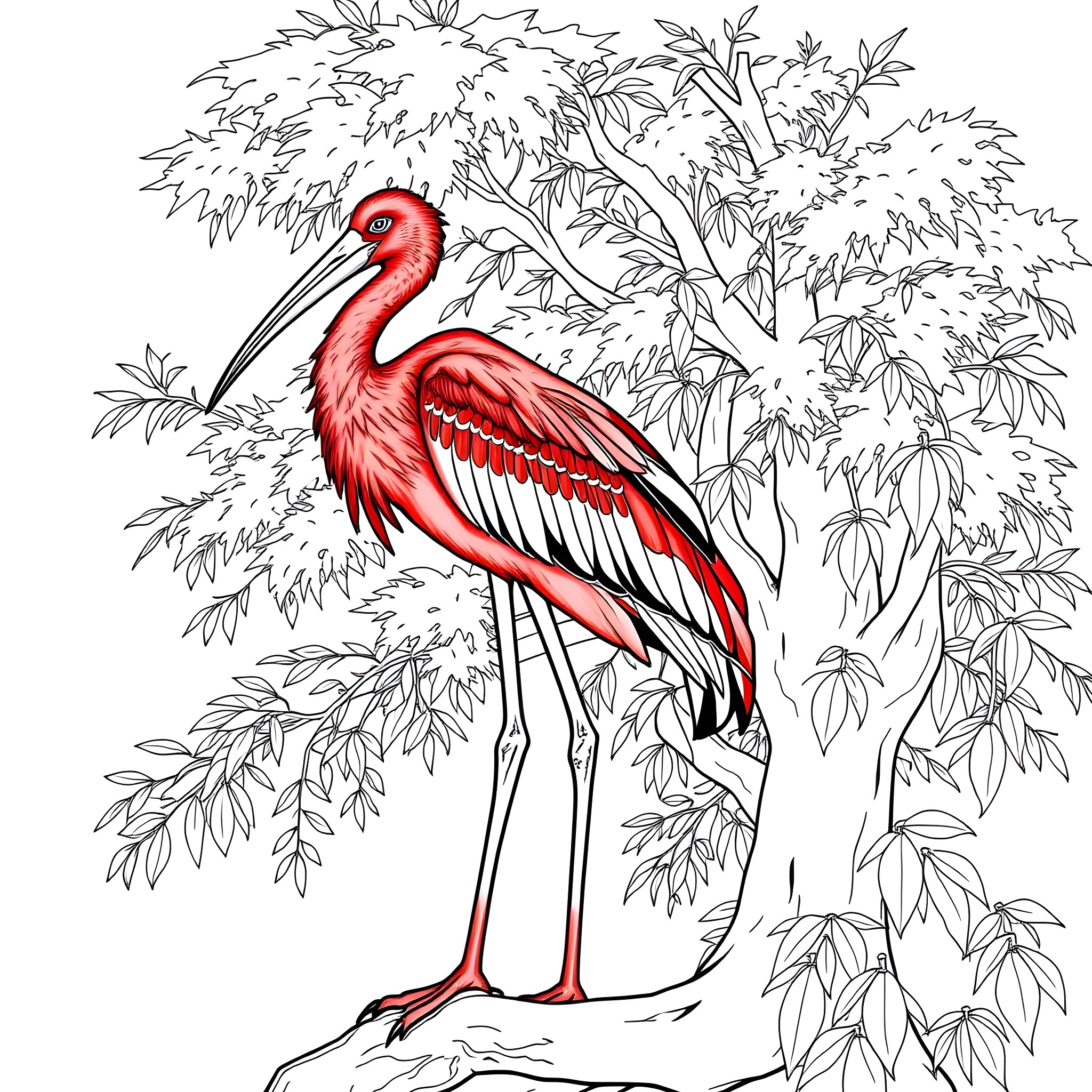 Scarlet Ibis amidst lush vegetation Coloring Page (free black-and-white line drawing printable PDF for all, from beginners to advanced learners, including children, teens, adults, and seniors)
