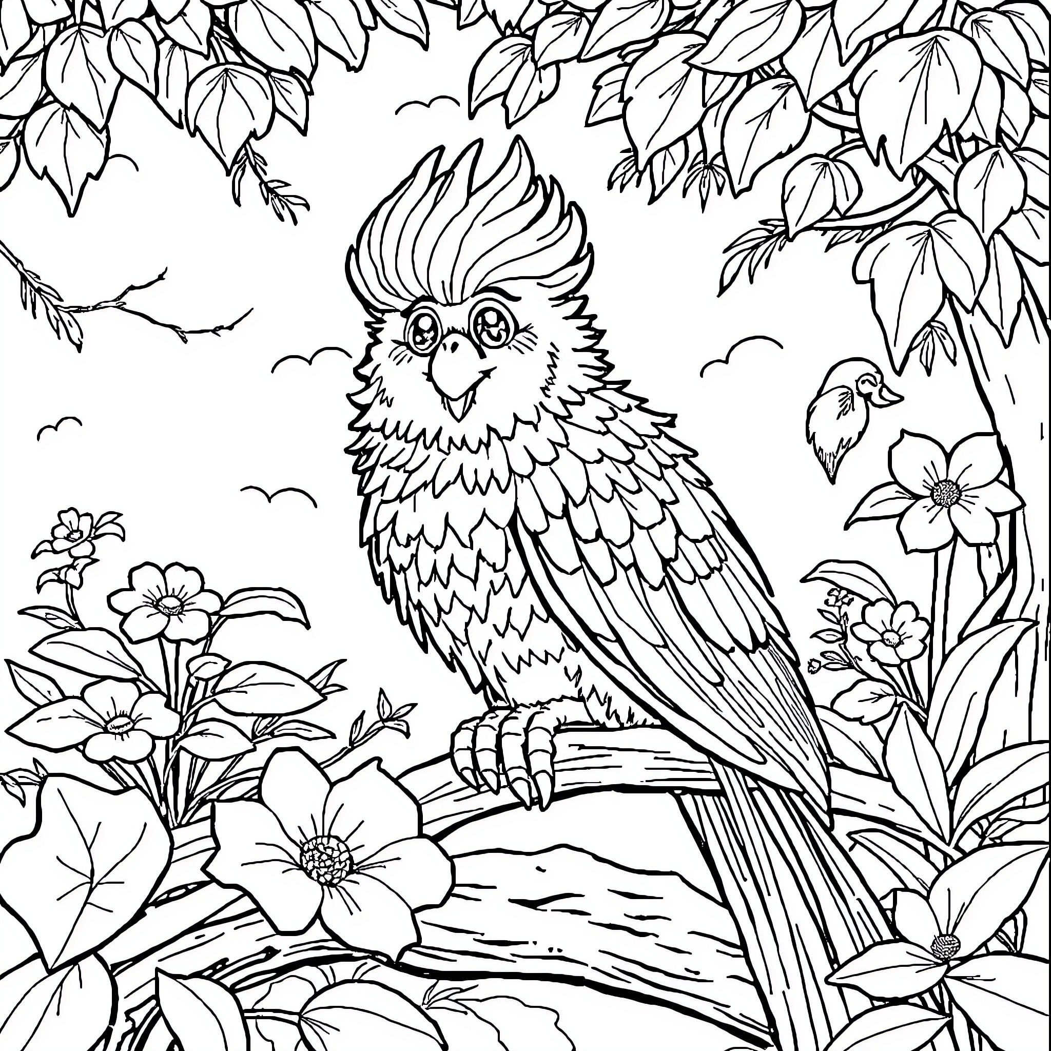 Animal perched in a lush, floral landscape Coloring Page (free black-and-white line drawing printable PDF for all, from beginners to advanced learners, including children, teens, adults, and seniors)