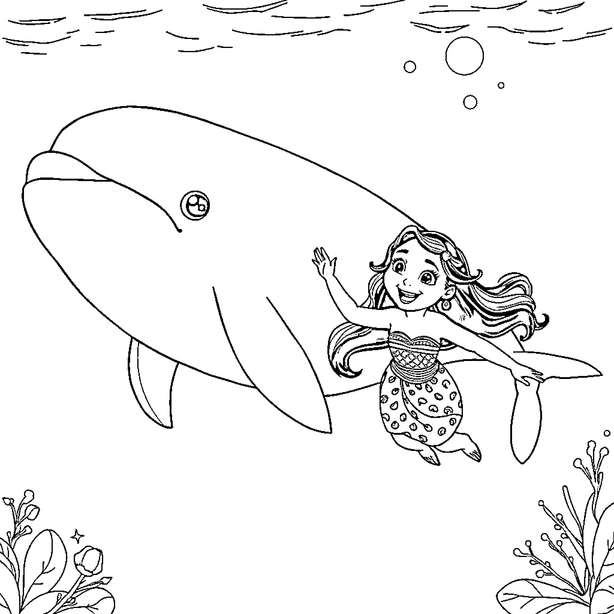 Moana swimming with a friendly whale Coloring Page (free black-and-white line drawing printable PDF for all, from beginners to advanced learners, including children, teens, adults, and seniors)