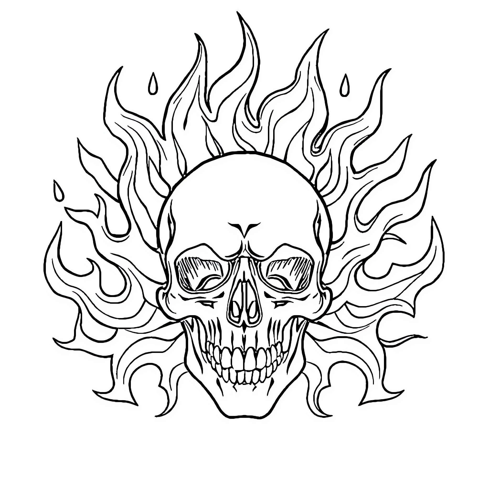 Skull surrounded by fiery flames Coloring Page (free black-and-white line drawing printable PDF for all, from beginners to advanced learners, including children, teens, adults, and seniors)