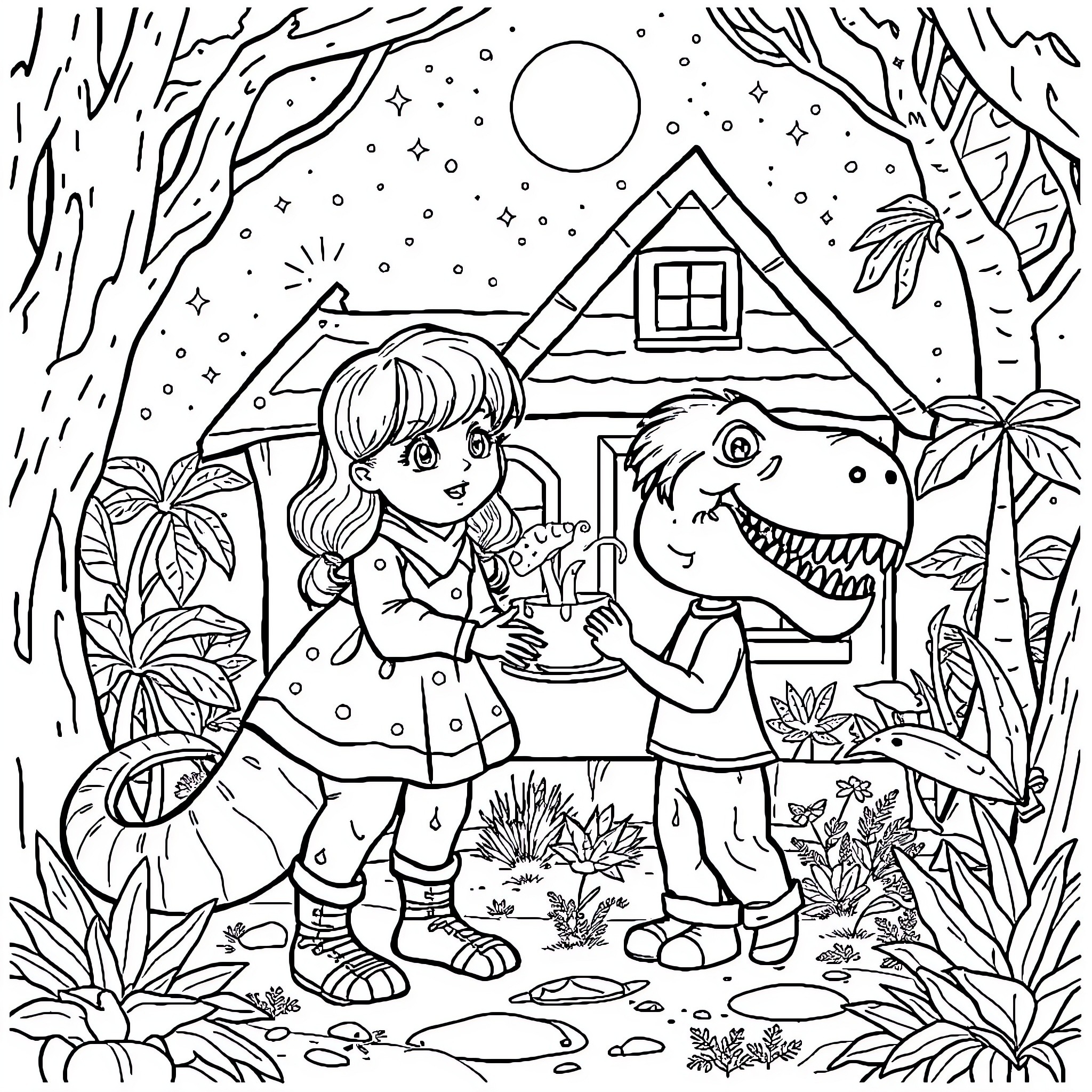 Gabby's Outdoor Adventure with Dinosaur Friend Coloring Page (free black-and-white line drawing printable PDF for all, from beginners to advanced learners, including children, teens, adults, and seniors)