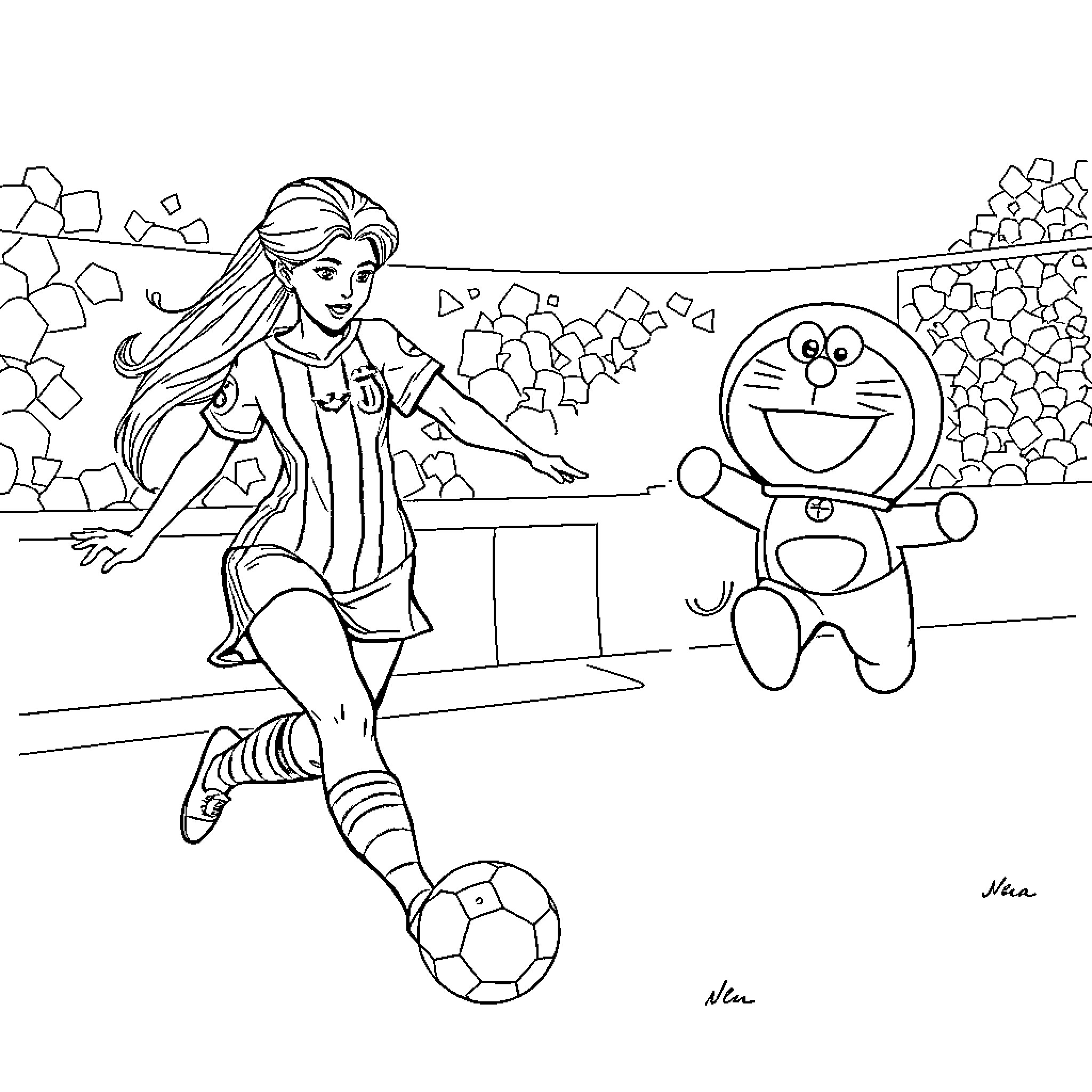 Virgen playing soccer with Doraemon in the park Coloring Page (free black-and-white line drawing printable PDF for all, from beginners to advanced learners, including children, teens, adults, and seniors)