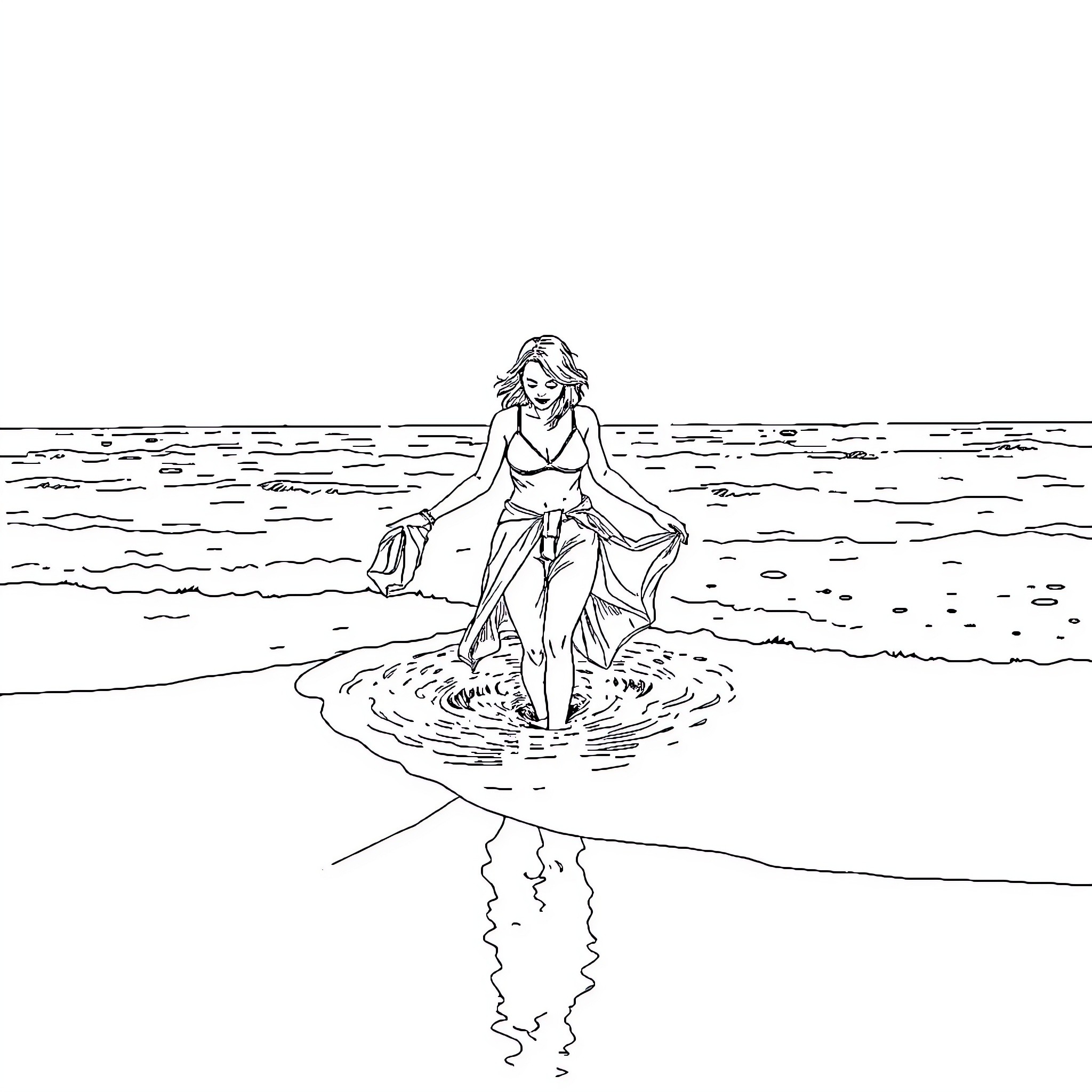 Woman relaxing in the shallow waves at the beach Coloring Page (free black-and-white line drawing printable PDF for all, from beginners to advanced learners, including children, teens, adults, and seniors)