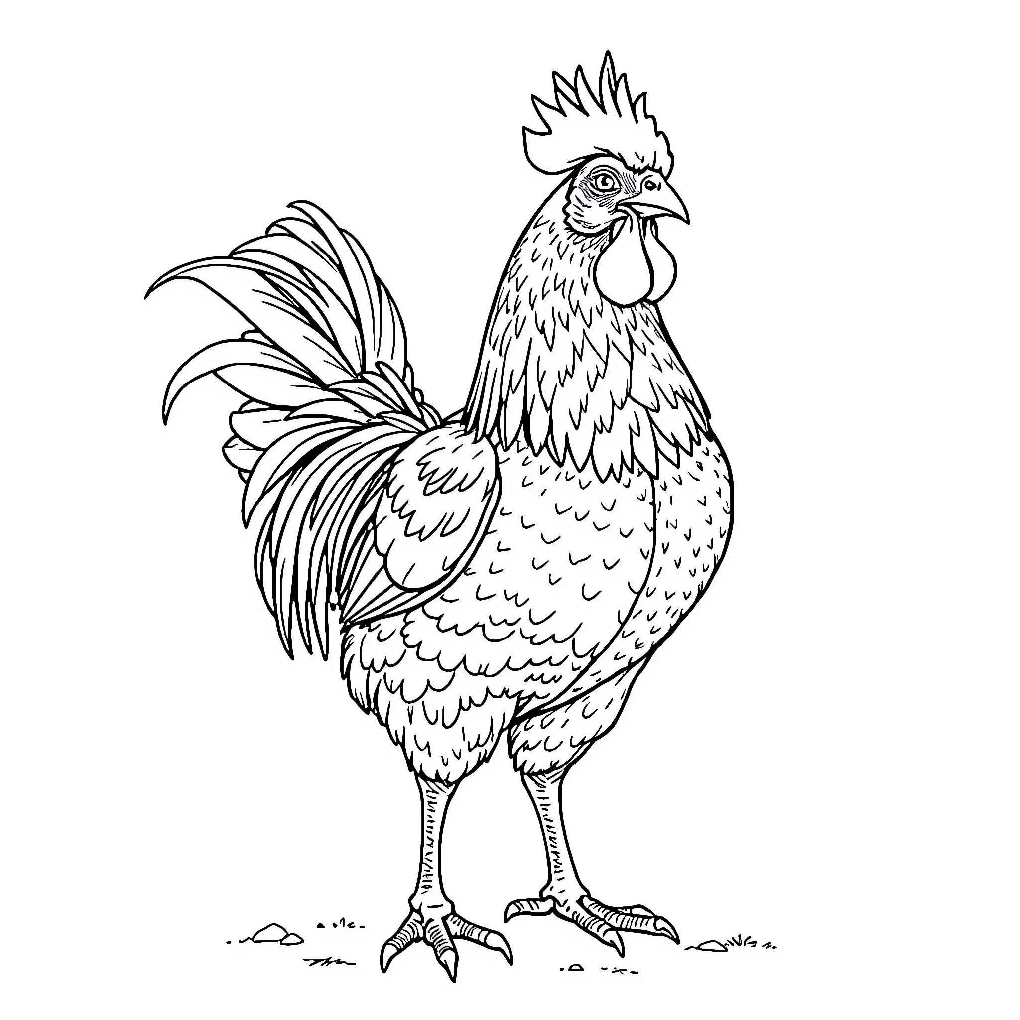 Gallo: Majestic Rooster in Black and White Coloring Page (free black-and-white line drawing printable PDF for all, from beginners to advanced learners, including children, teens, adults, and seniors)
