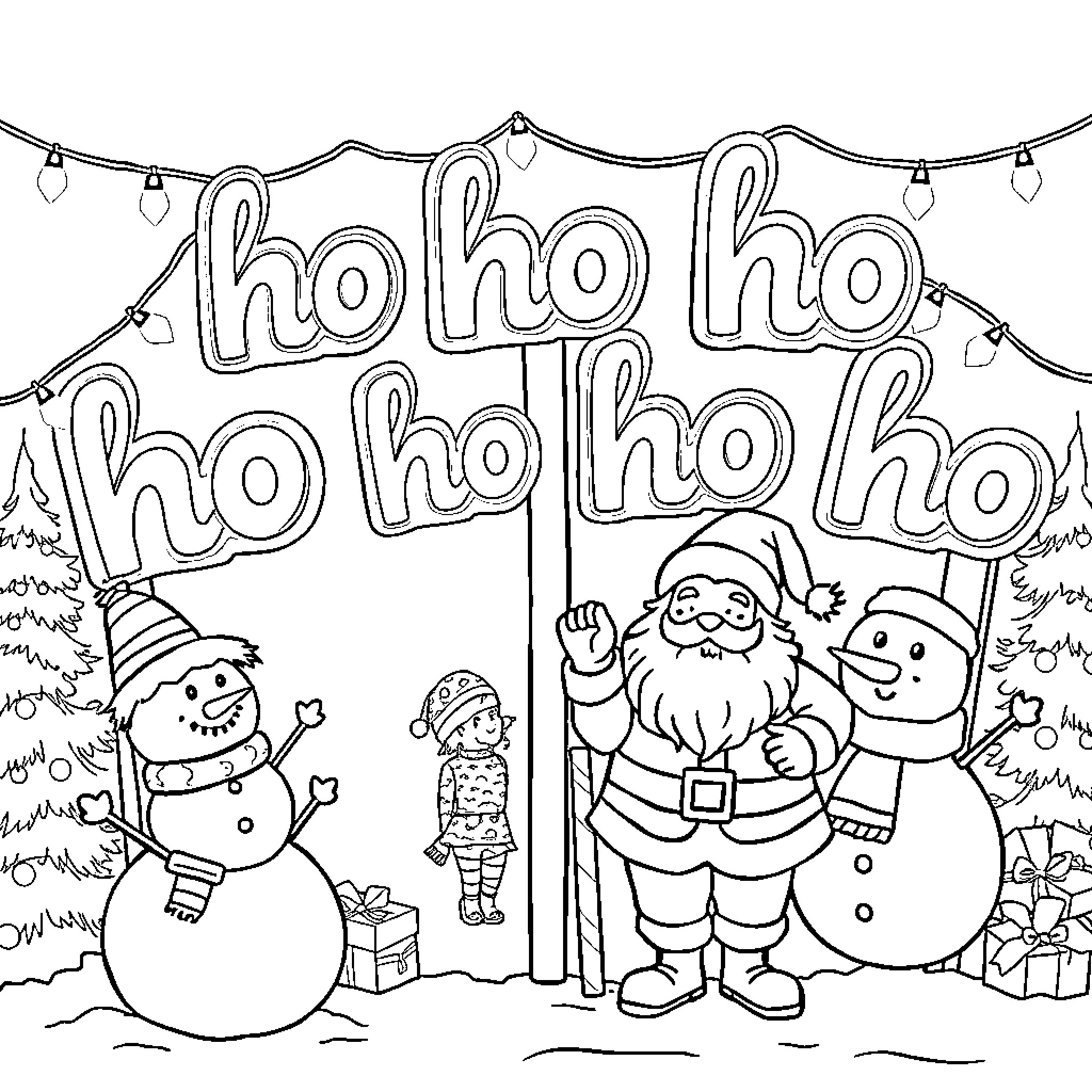 Santa and friends celebrate holiday cheer in winter wonderland Coloring Page (free black-and-white line drawing printable PDF for all, from beginners to advanced learners, including children, teens, adults, and seniors)