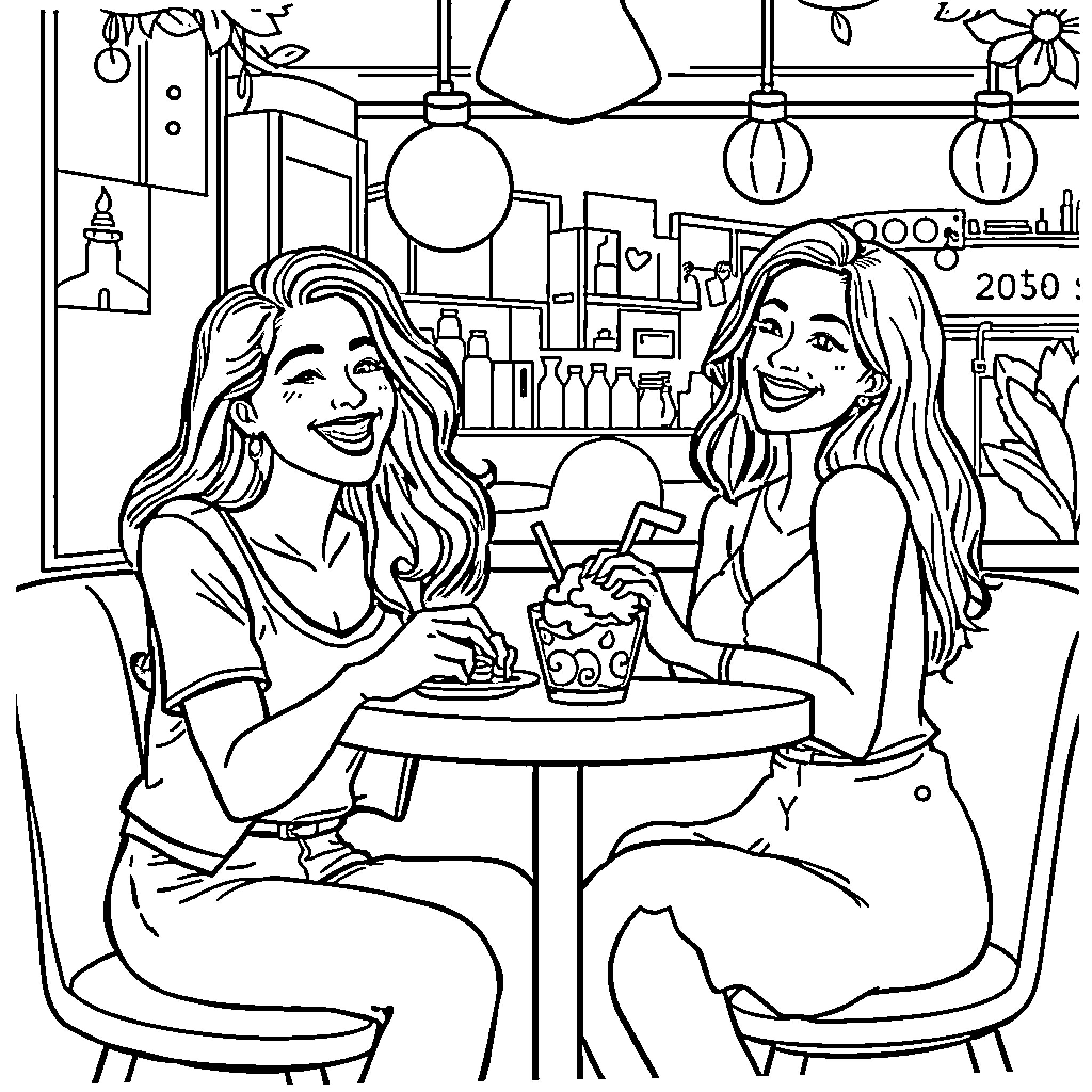 Women enjoying a meal together in a cafe Coloring Page (free black-and-white line drawing printable PDF for all, from beginners to advanced learners, including children, teens, adults, and seniors)