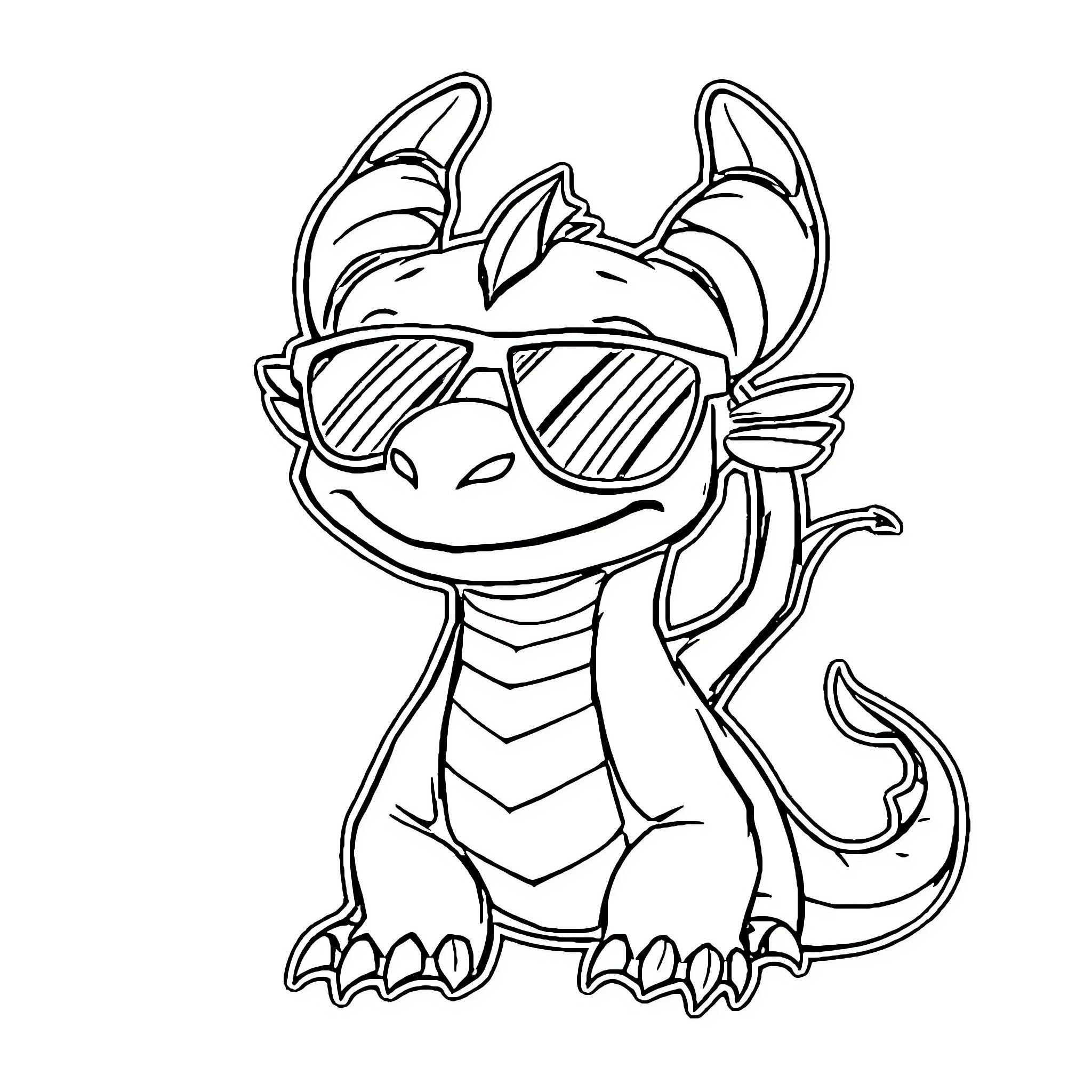 Toothless wearing sunglasses and smiling Coloring Page (free black-and-white line drawing printable PDF for all, from beginners to advanced learners, including children, teens, adults, and seniors)