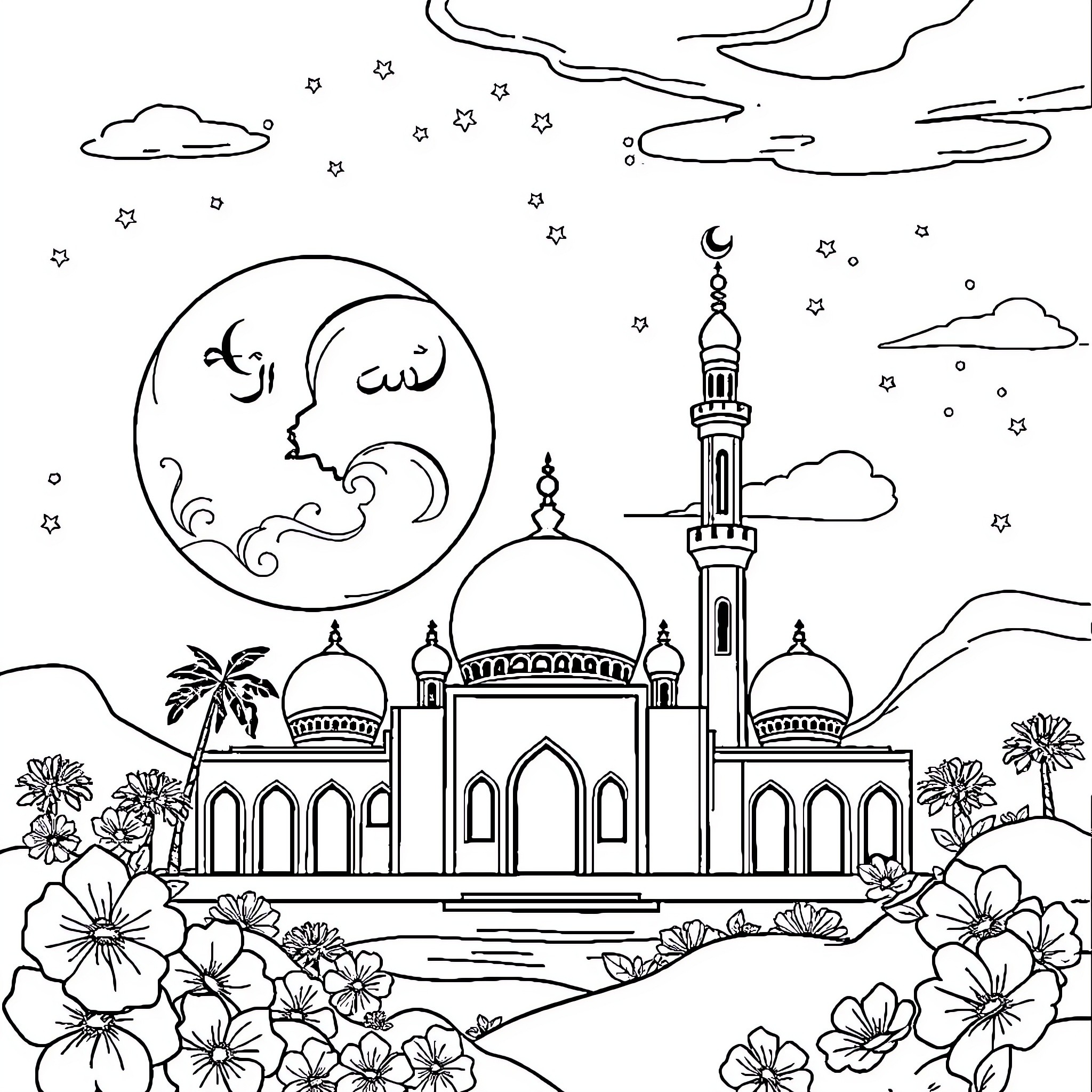 Allah's Radiant Mosque in the Starry Night Coloring Page (free black-and-white line drawing printable PDF for all, from beginners to advanced learners, including children, teens, adults, and seniors)