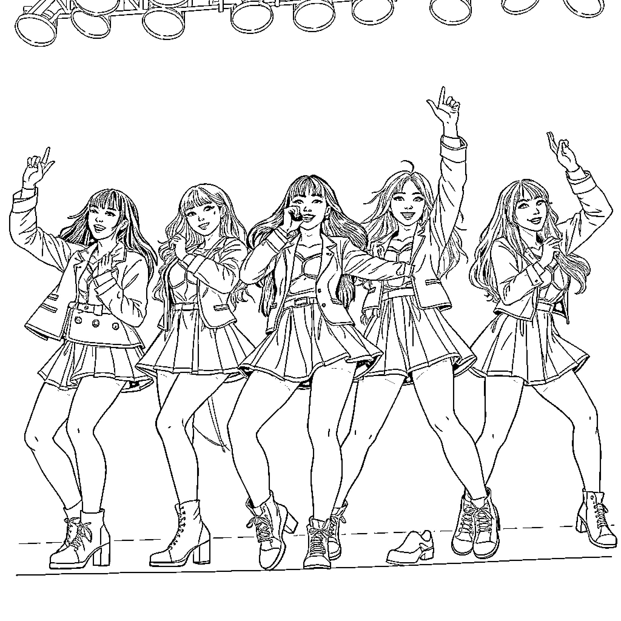 K-Pop Warriors in Fierce Choreography Coloring Page (free black-and-white line drawing printable PDF for all, from beginners to advanced learners, including children, teens, adults, and seniors)