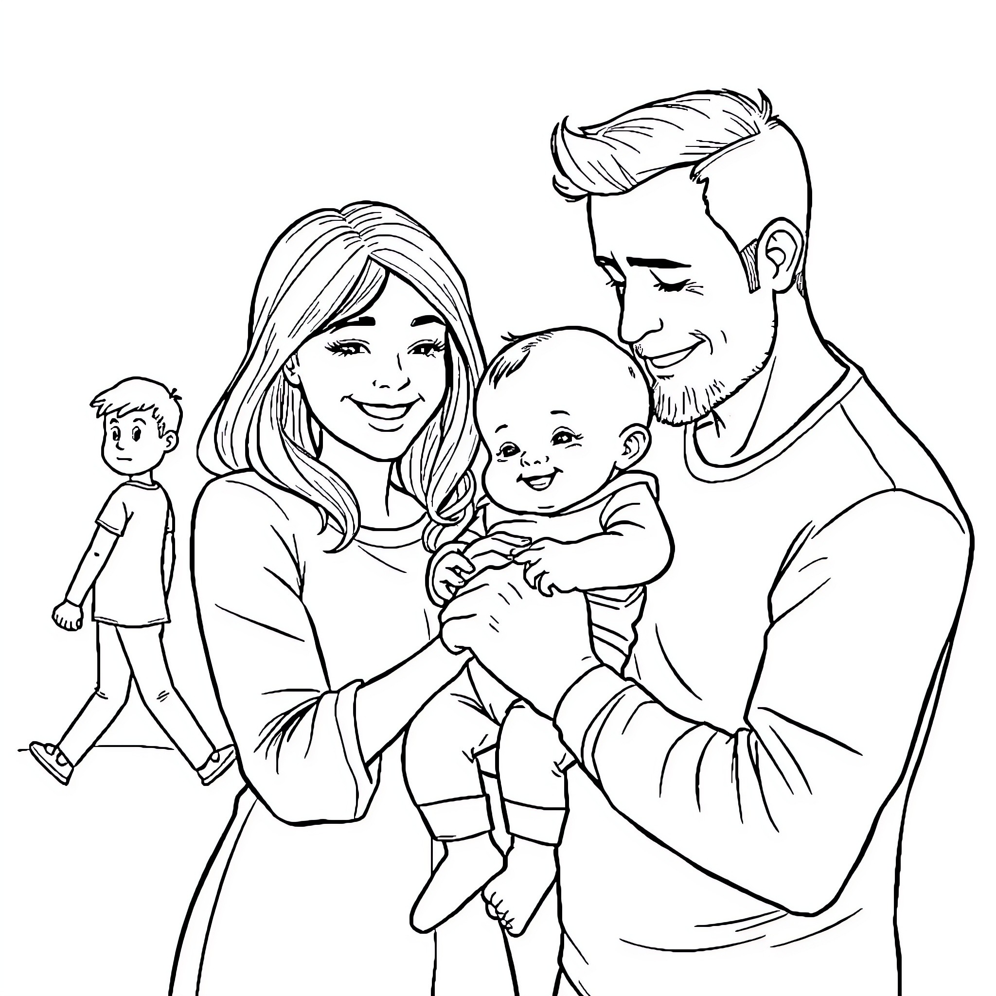 Baby with happy family in loving embrace Coloring Page (free black-and-white line drawing printable PDF for all, from beginners to advanced learners, including children, teens, adults, and seniors)