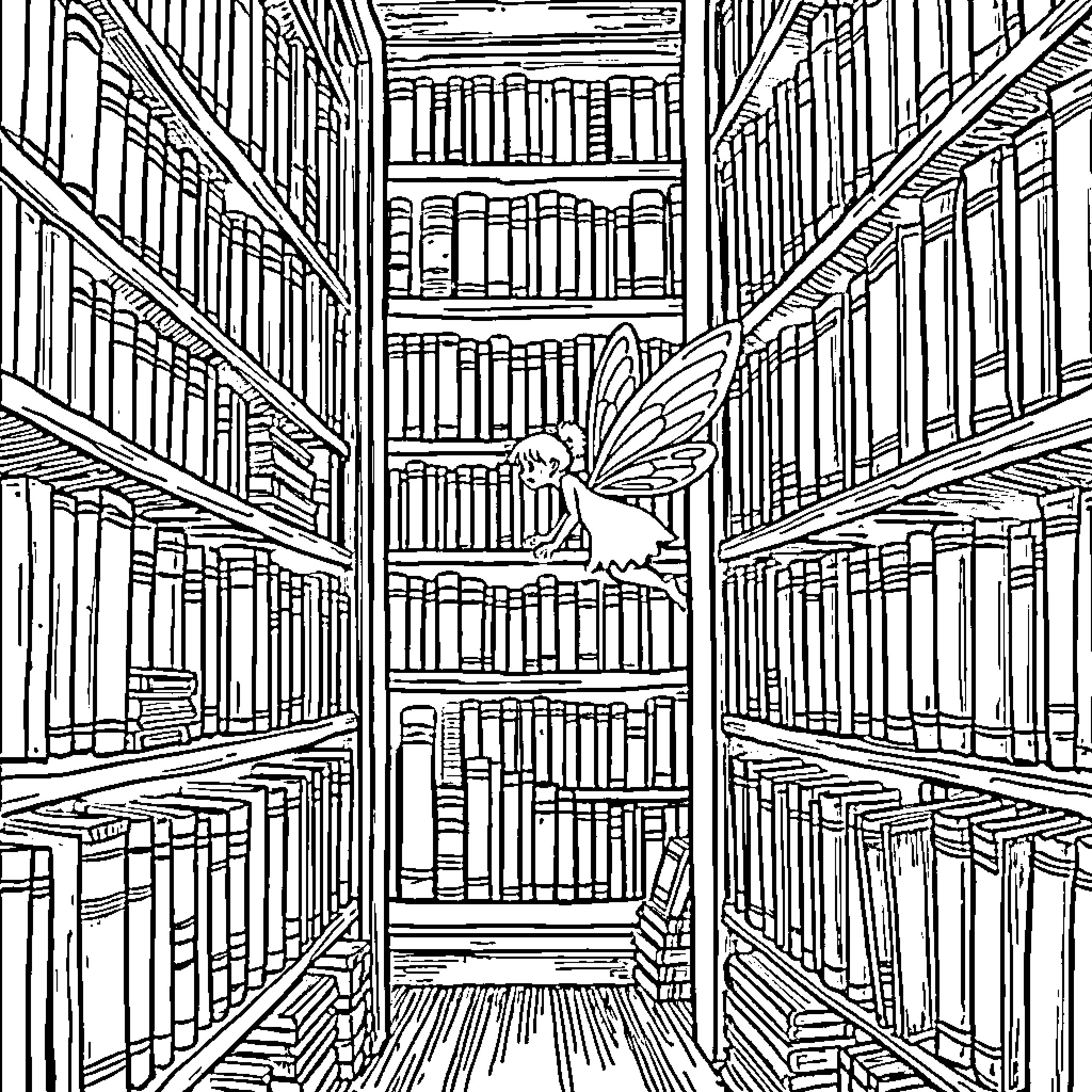 Fairy exploring a magical library Coloring Page (free black-and-white line drawing printable PDF for all, from beginners to advanced learners, including children, teens, adults, and seniors)