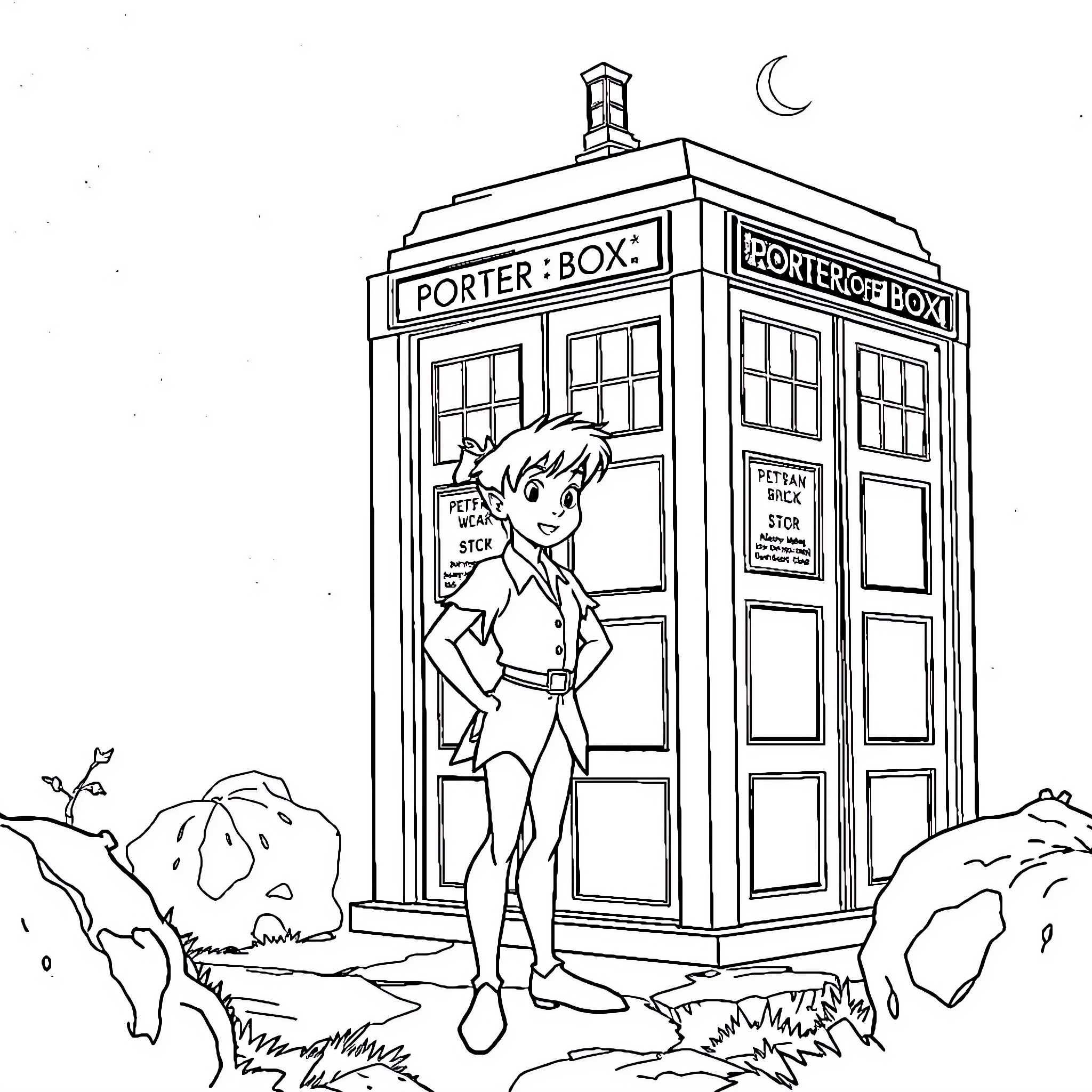 Peter Pan by a mysterious phone booth in the night Coloring Page (free black-and-white line drawing printable PDF for all, from beginners to advanced learners, including children, teens, adults, and seniors)