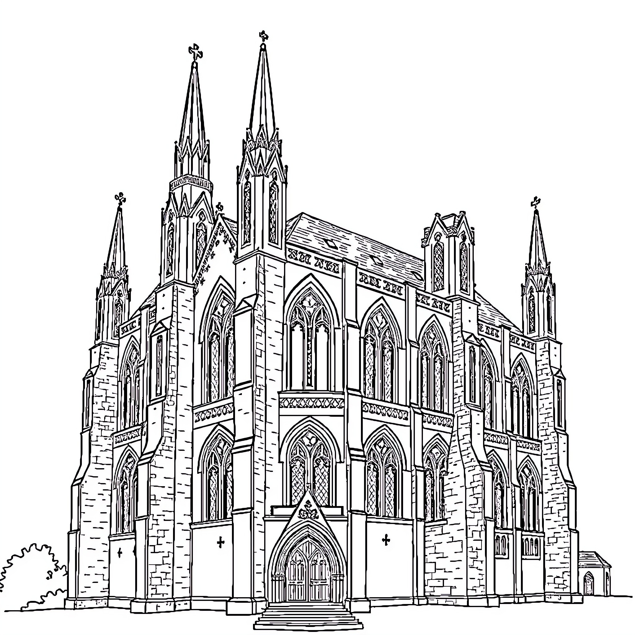 Gothic Architecture with Ornate Spires and Arches Coloring Page (free black-and-white line drawing printable PDF for all, from beginners to advanced learners, including children, teens, adults, and seniors)