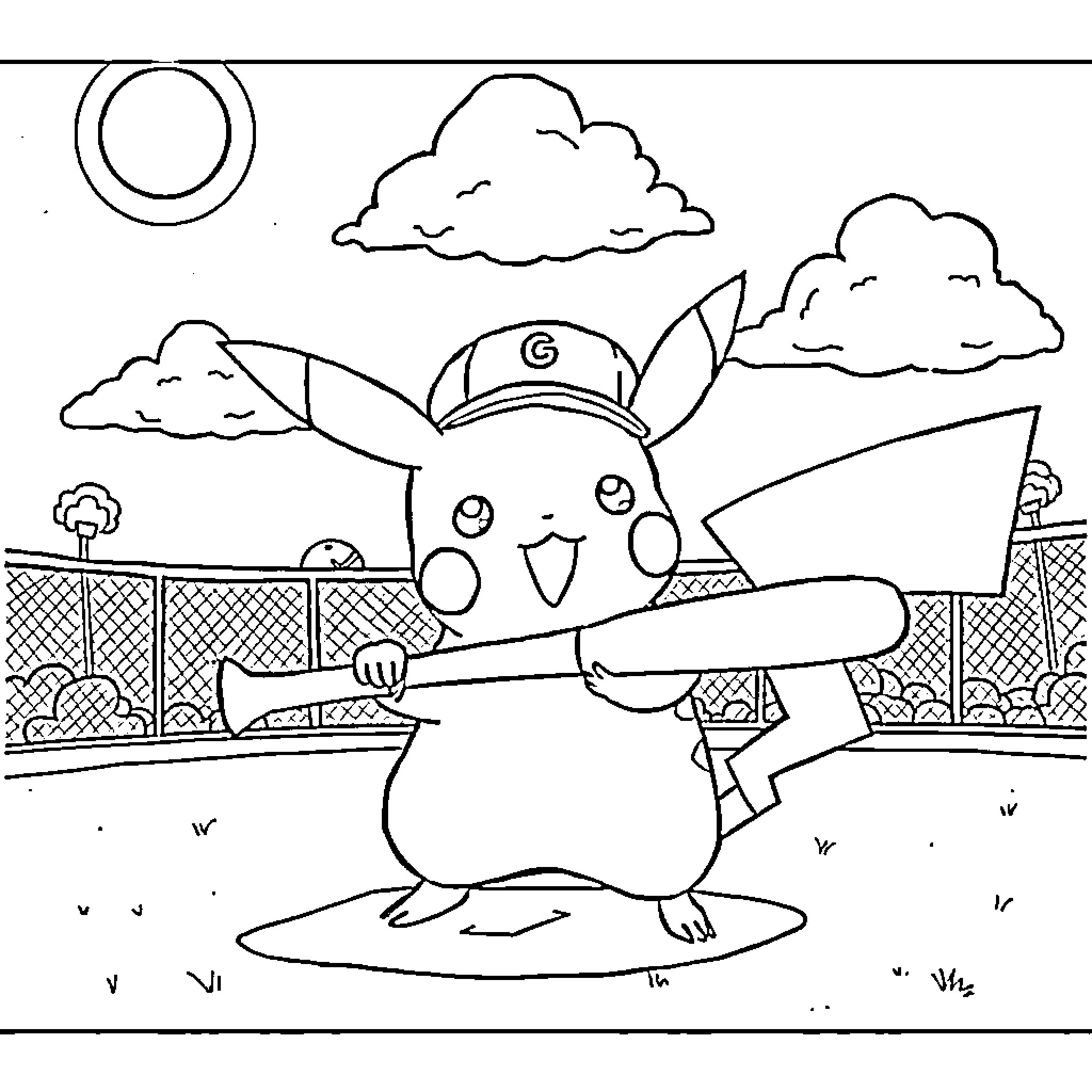 Pikachu playing baseball in the park Coloring Page (free black-and-white line drawing printable PDF for all, from beginners to advanced learners, including children, teens, adults, and seniors)