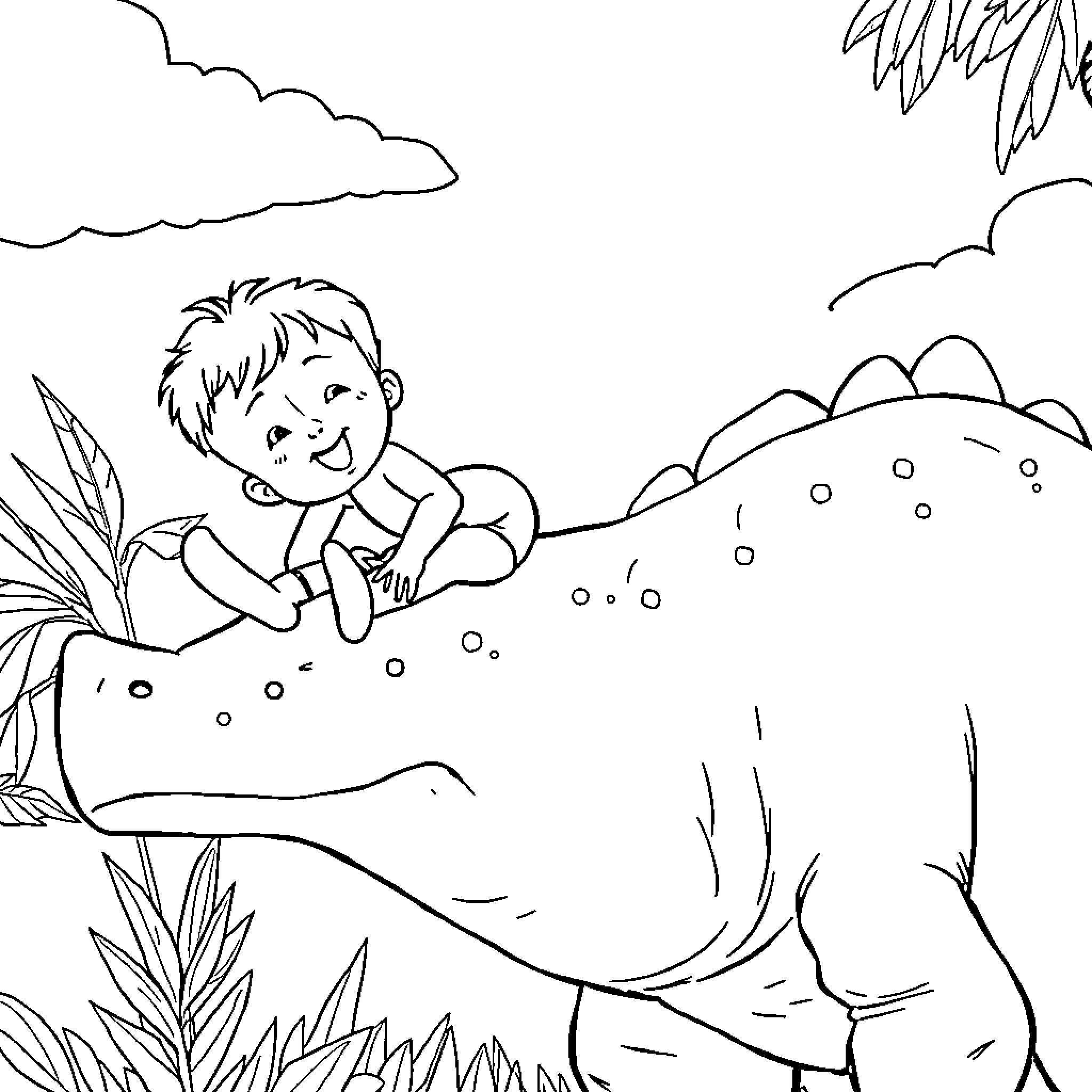 Dinosaur boy exploring the prehistoric landscape Coloring Page (free black-and-white line drawing printable PDF for all, from beginners to advanced learners, including children, teens, adults, and seniors)
