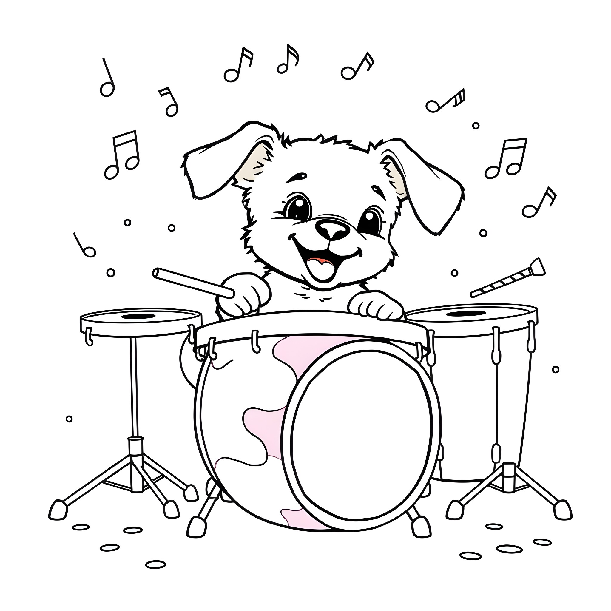 Puppy playing drums with musical notes Coloring Page (free black-and-white line drawing printable PDF for all, from beginners to advanced learners, including children, teens, adults, and seniors)