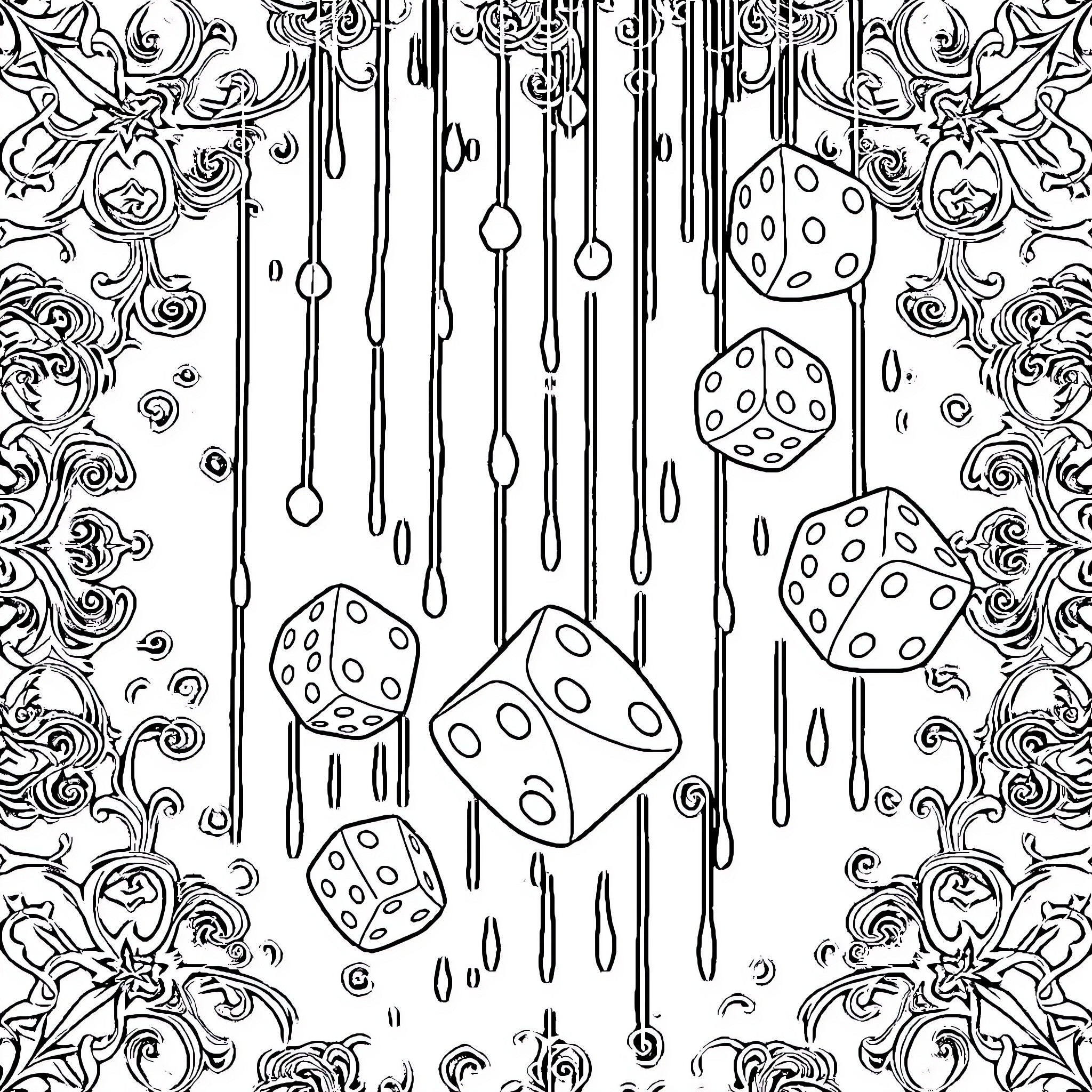 Dice floating amidst decorative elements Coloring Page (free black-and-white line drawing printable PDF for all, from beginners to advanced learners, including children, teens, adults, and seniors)