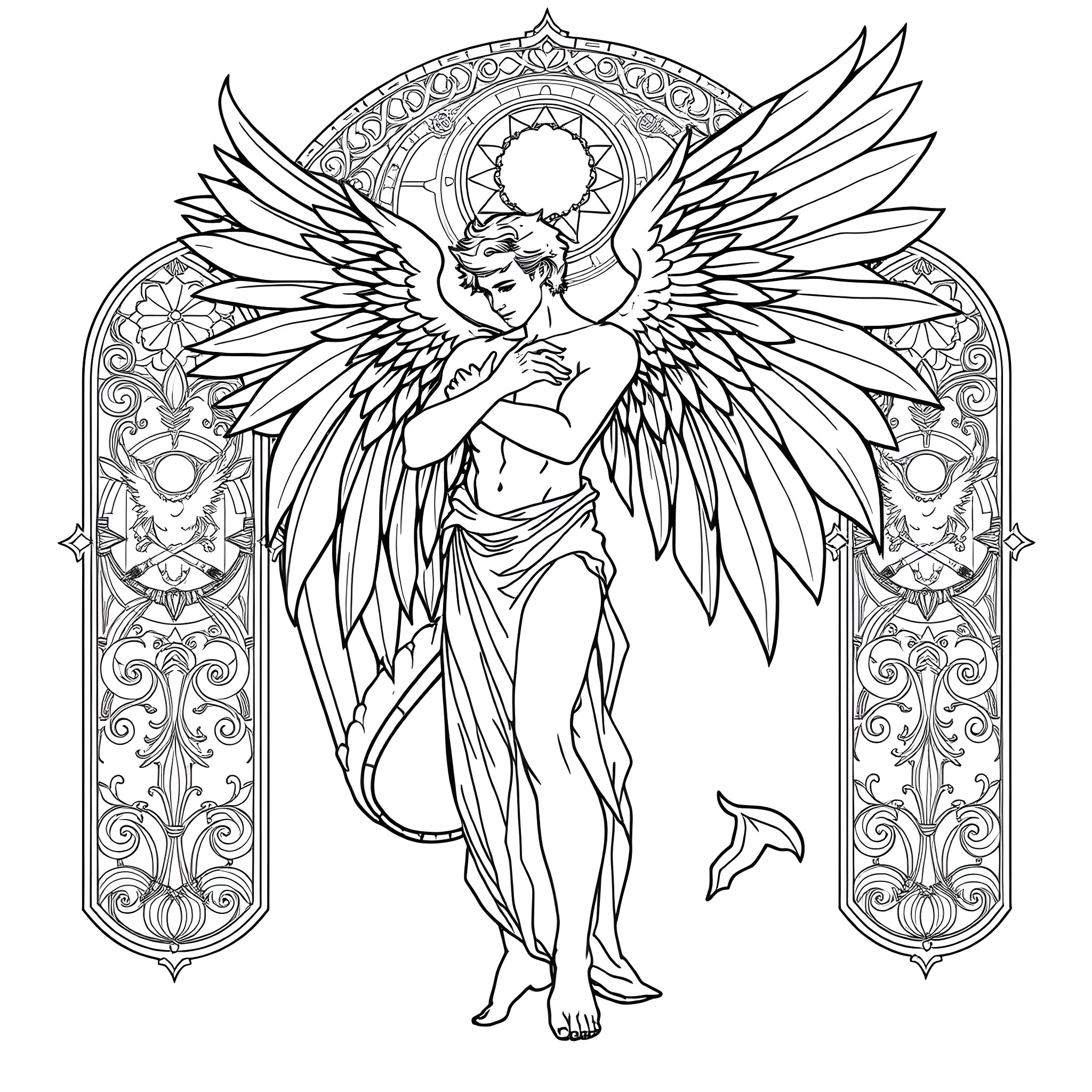 Angel in Ornate Architectural Frame Coloring Page (free black-and-white line drawing printable PDF for all, from beginners to advanced learners, including children, teens, adults, and seniors)