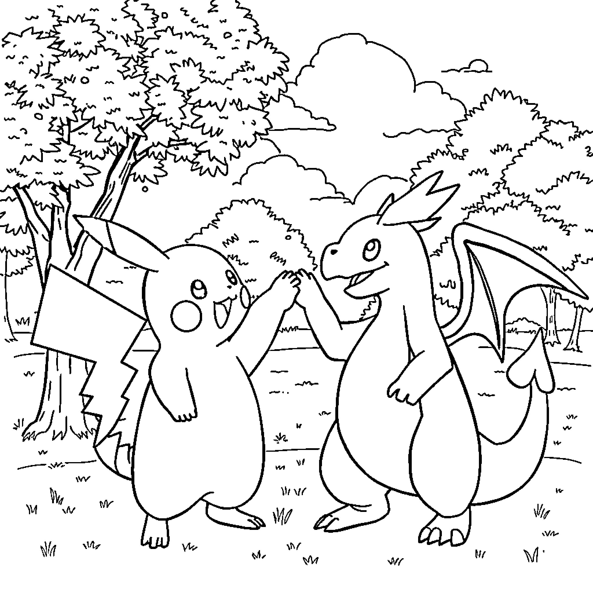 Pikachu and friends exploring the forest Coloring Page (free black-and-white line drawing printable PDF for all, from beginners to advanced learners, including children, teens, adults, and seniors)
