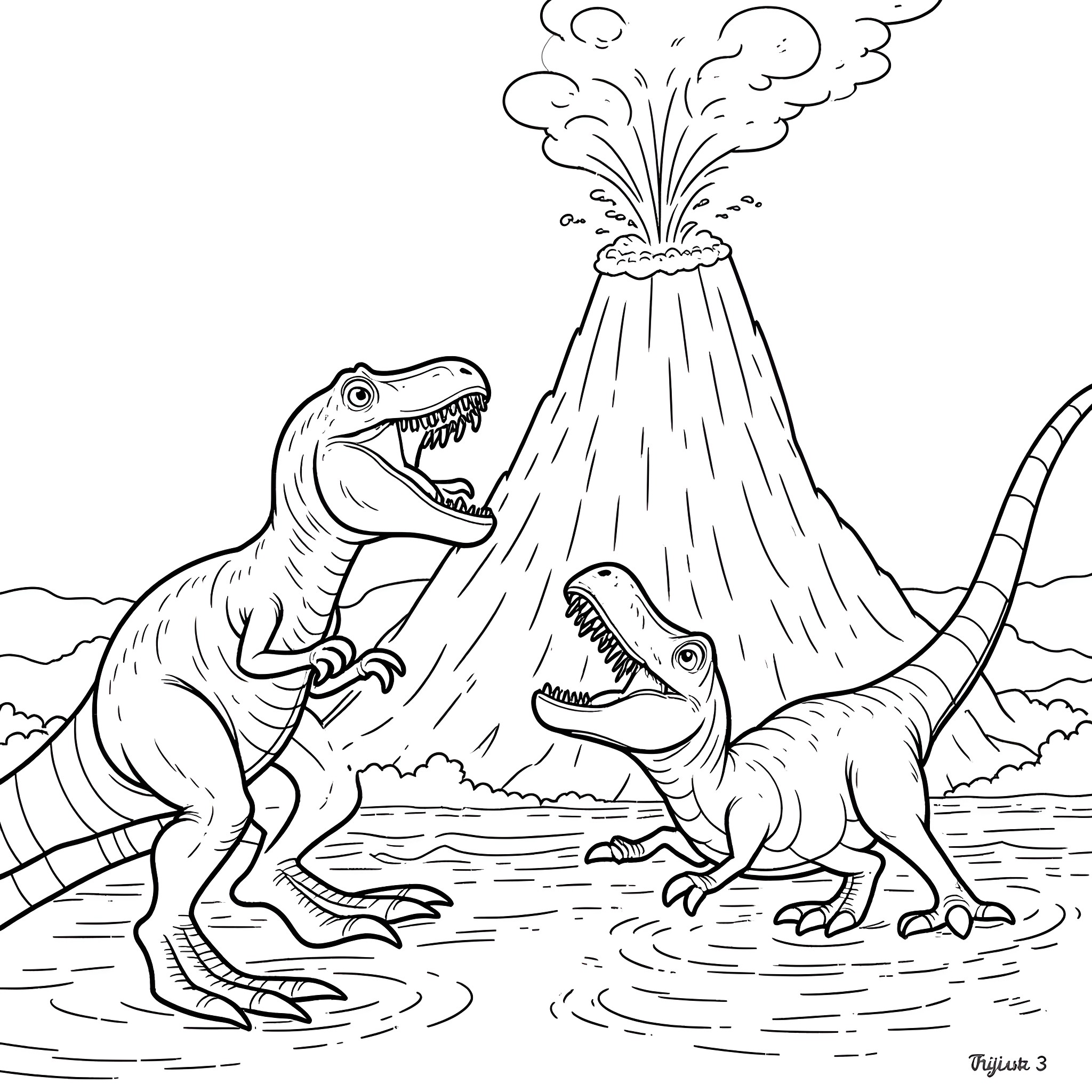 Indominus Rex Dinosaurs Battling in Volcanic Landscape Coloring Page (free black-and-white line drawing printable PDF for all, from beginners to advanced learners, including children, teens, adults, and seniors)