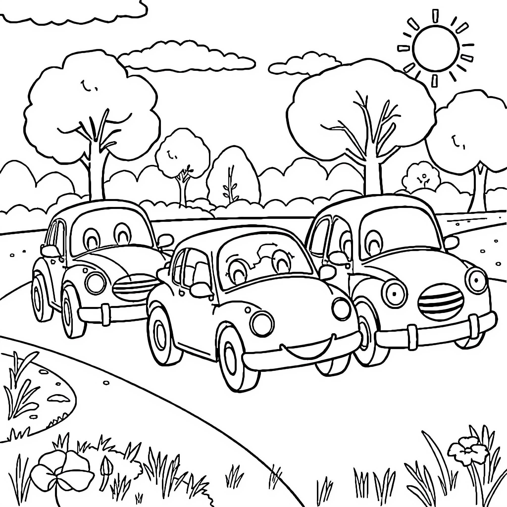 Car cartoon characters on a scenic road trip Coloring Page (free black-and-white line drawing printable PDF for all, from beginners to advanced learners, including children, teens, adults, and seniors)