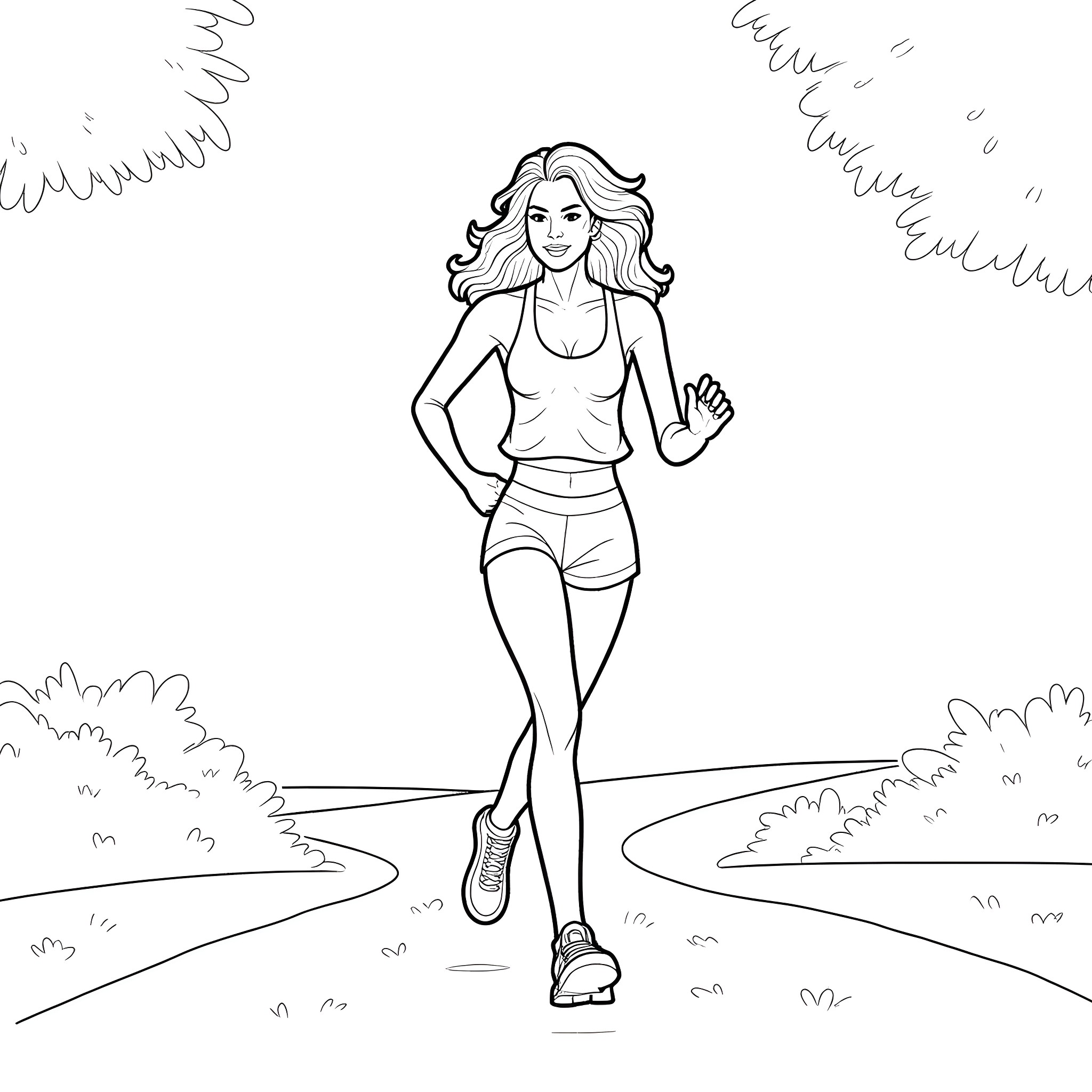 Farrah Fawcett jogging happily in the park Coloring Page (free black-and-white line drawing printable PDF for all, from beginners to advanced learners, including children, teens, adults, and seniors)